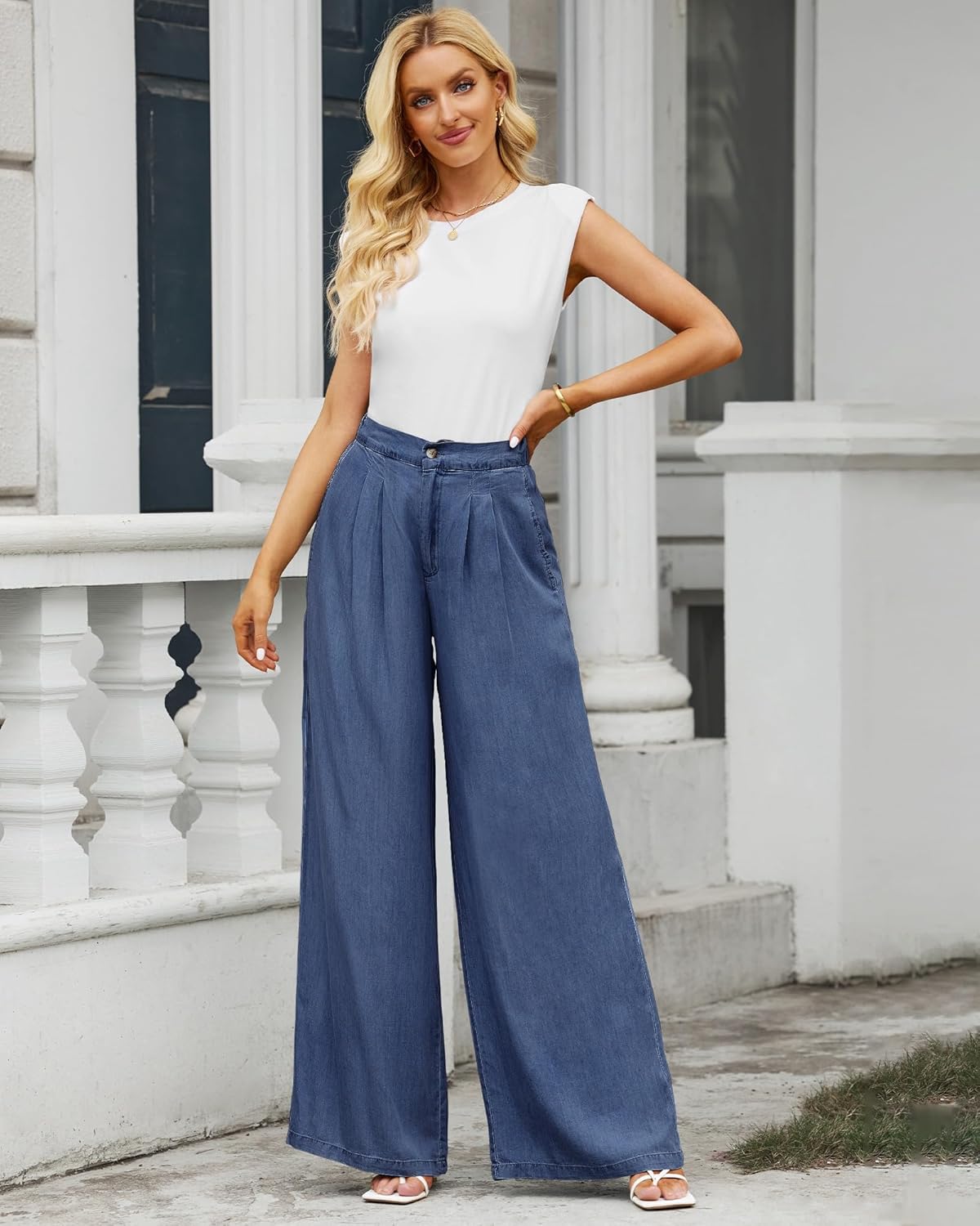 GRAPENT Wide Leg Pants for Women High Waisted Jeans Palazzo Pants Lightweight Summer Beach Flowy Trousers Y2KClassic Blue
