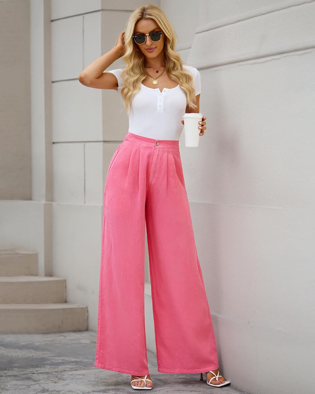 GRAPENT Wide Leg Pants for Women High Waisted Jeans Palazzo Pants Lightweight Summer Beach Flowy Trousers Y2KHot Pink