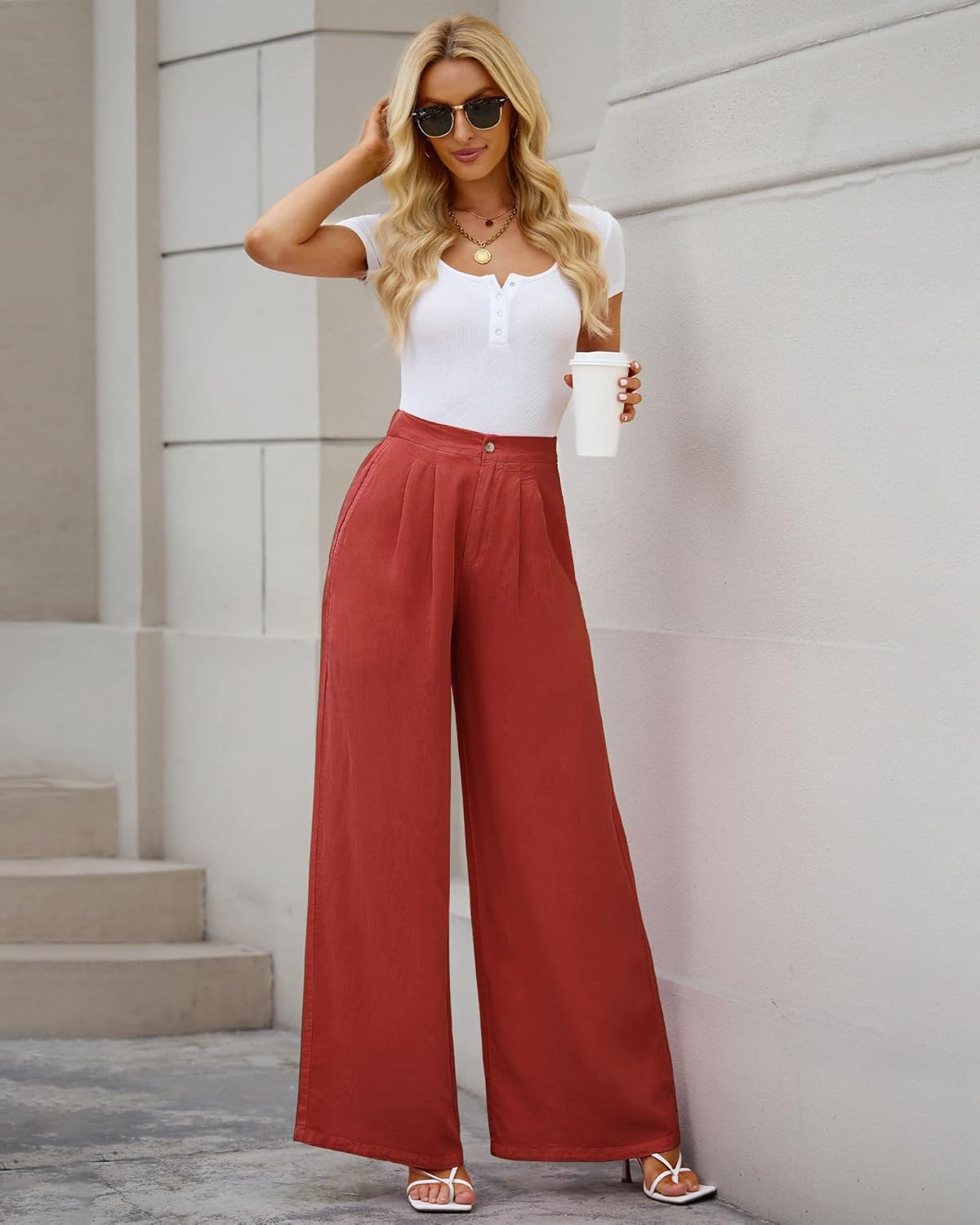 GRAPENT Wide Leg Pants for Women High Waisted Jeans Palazzo Pants Lightweight Summer Beach Flowy Trousers Y2KRuby Wine