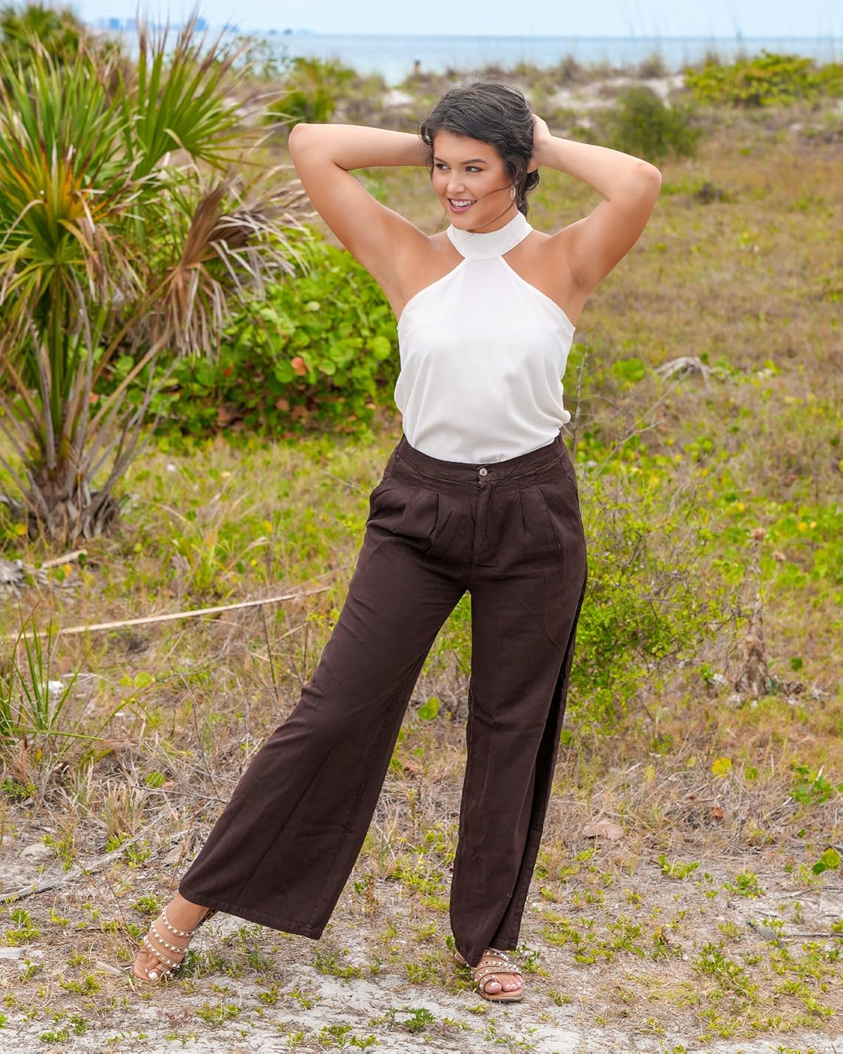 GRAPENT Wide Leg Pants for Women High Waisted Jeans Palazzo Pants Lightweight Summer Beach Flowy Trousers Y2KRustic Brown