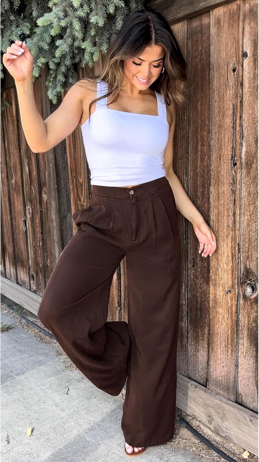 GRAPENT Wide Leg Pants for Women High Waisted Jeans Palazzo Pants Lightweight Summer Beach Flowy Trousers Y2KRustic Brown
