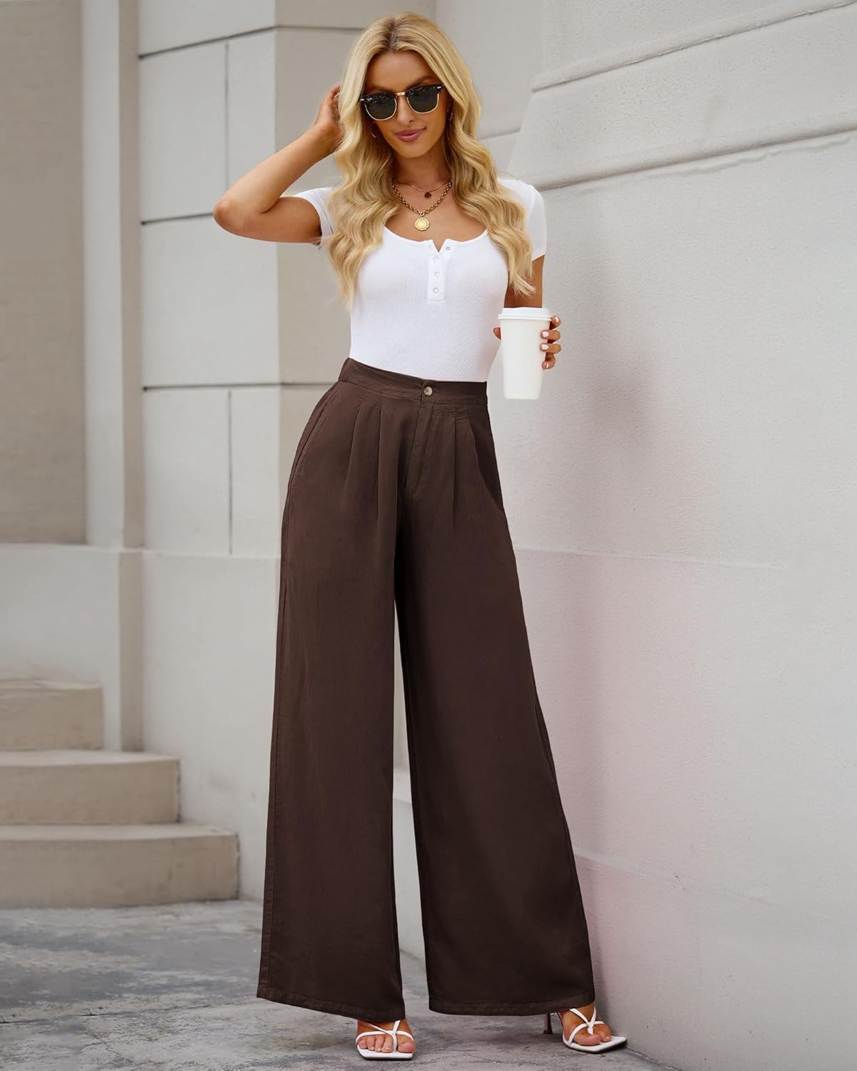 GRAPENT Wide Leg Pants for Women High Waisted Jeans Palazzo Pants Lightweight Summer Beach Flowy Trousers Y2KRustic Brown