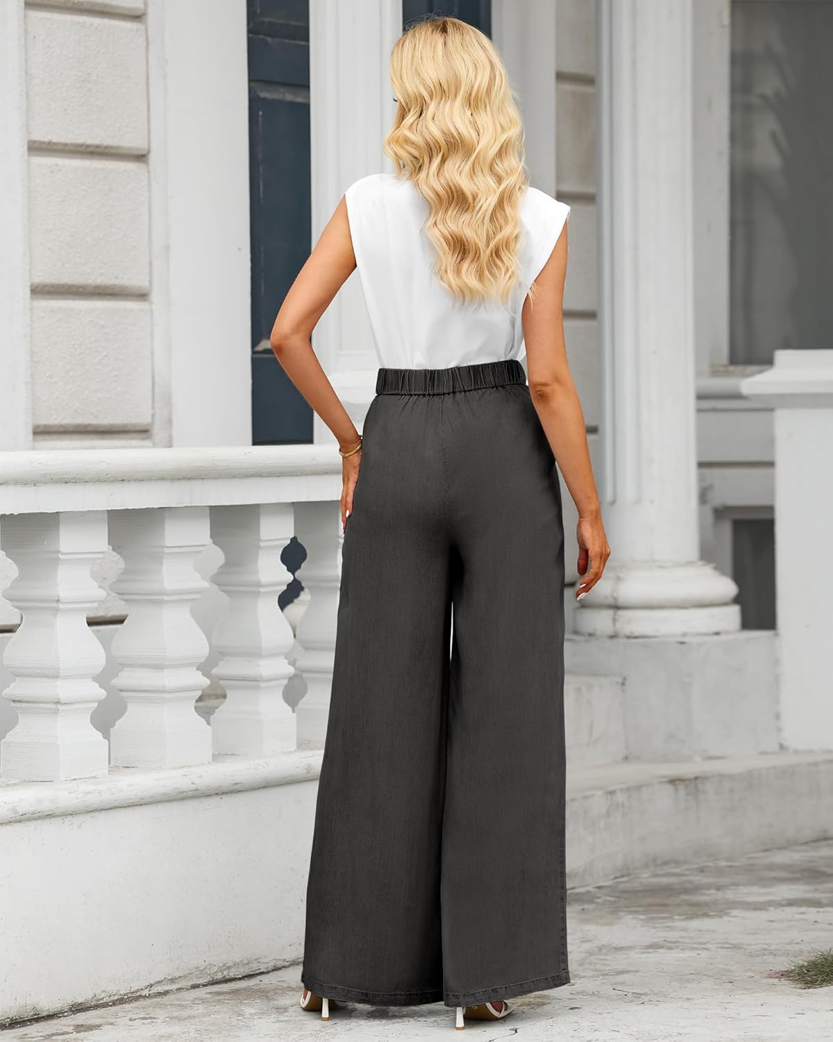 GRAPENT Wide Leg Pants for Women High Waisted Jeans Palazzo Pants Lightweight Summer Beach Flowy Trousers Y2KSoft Black