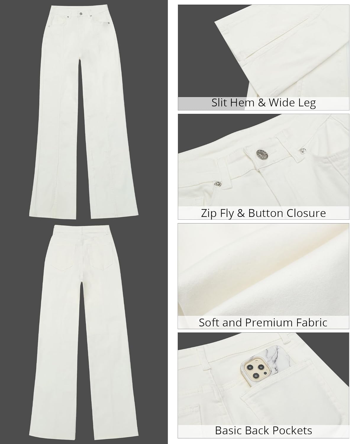 GRAPENT Womens Flare Jeans High Waisted Wide Leg Baggy Jean for Women Split Hem Stretch Denim PantsBrilliant White