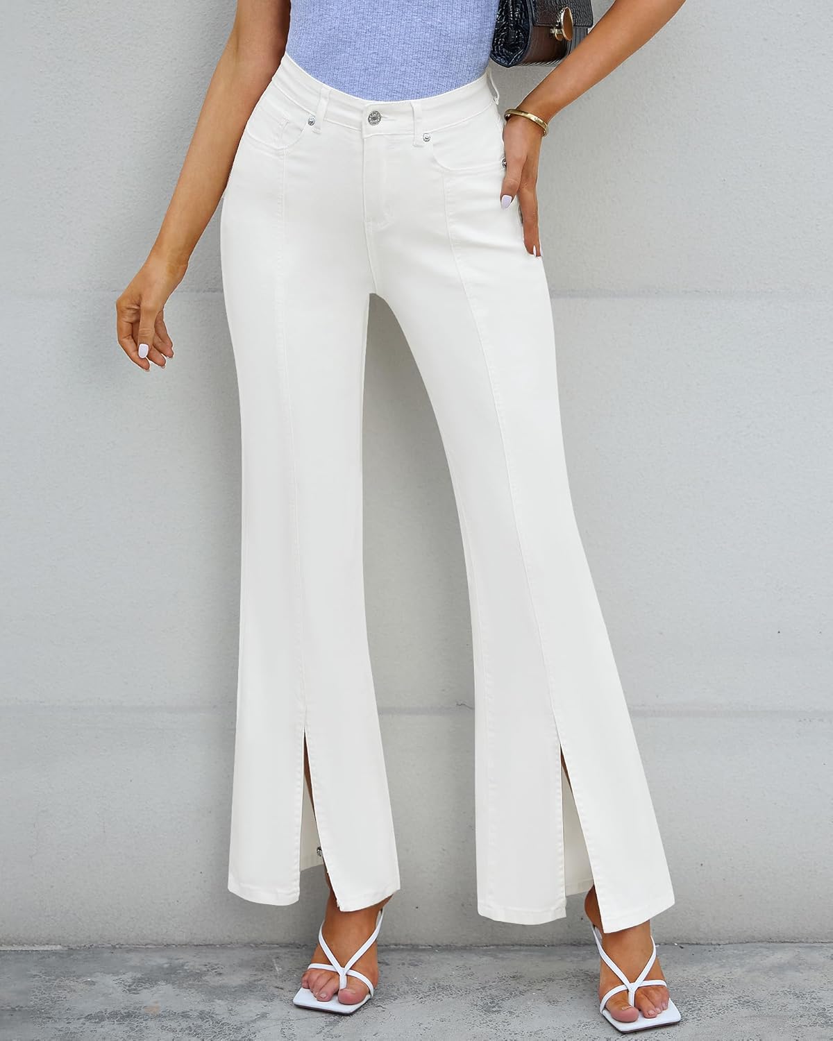 GRAPENT Womens Flare Jeans High Waisted Wide Leg Baggy Jean for Women Split Hem Stretch Denim PantsBrilliant White
