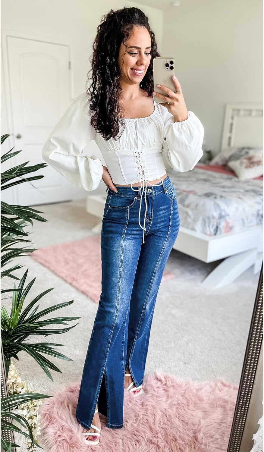GRAPENT Womens Flare Jeans High Waisted Wide Leg Baggy Jean for Women Split Hem Stretch Denim PantsClassic Blue