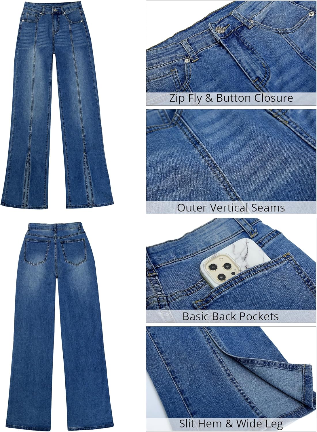 GRAPENT Womens Flare Jeans High Waisted Wide Leg Baggy Jean for Women Split Hem Stretch Denim PantsClassic Blue
