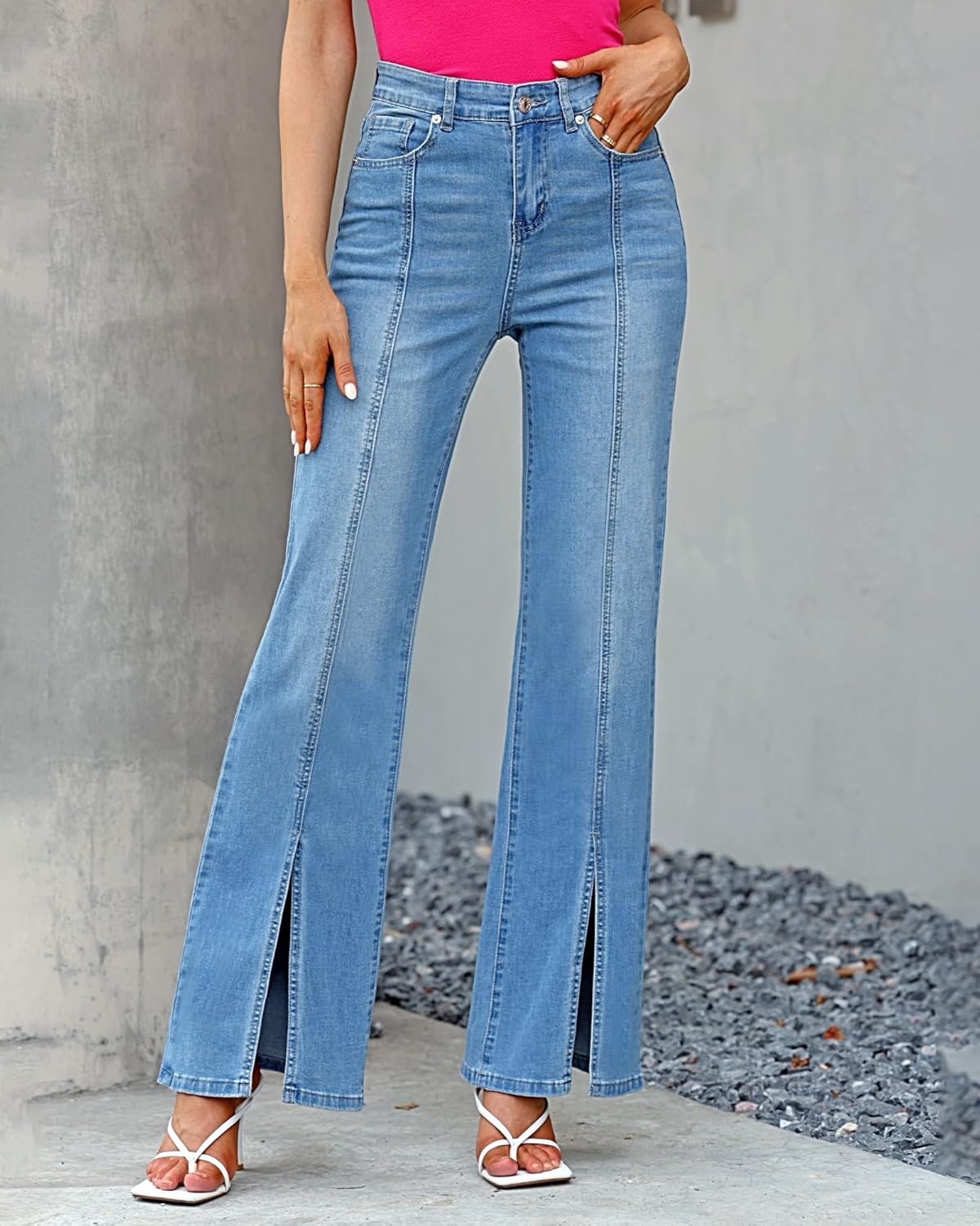 GRAPENT Womens Flare Jeans High Waisted Wide Leg Baggy Jean for Women Split Hem Stretch Denim PantsLapis Air