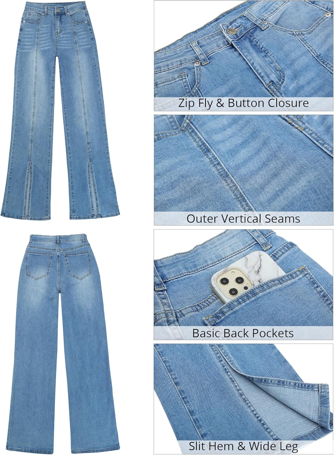 GRAPENT Womens Flare Jeans High Waisted Wide Leg Baggy Jean for Women Split Hem Stretch Denim PantsLapis Air