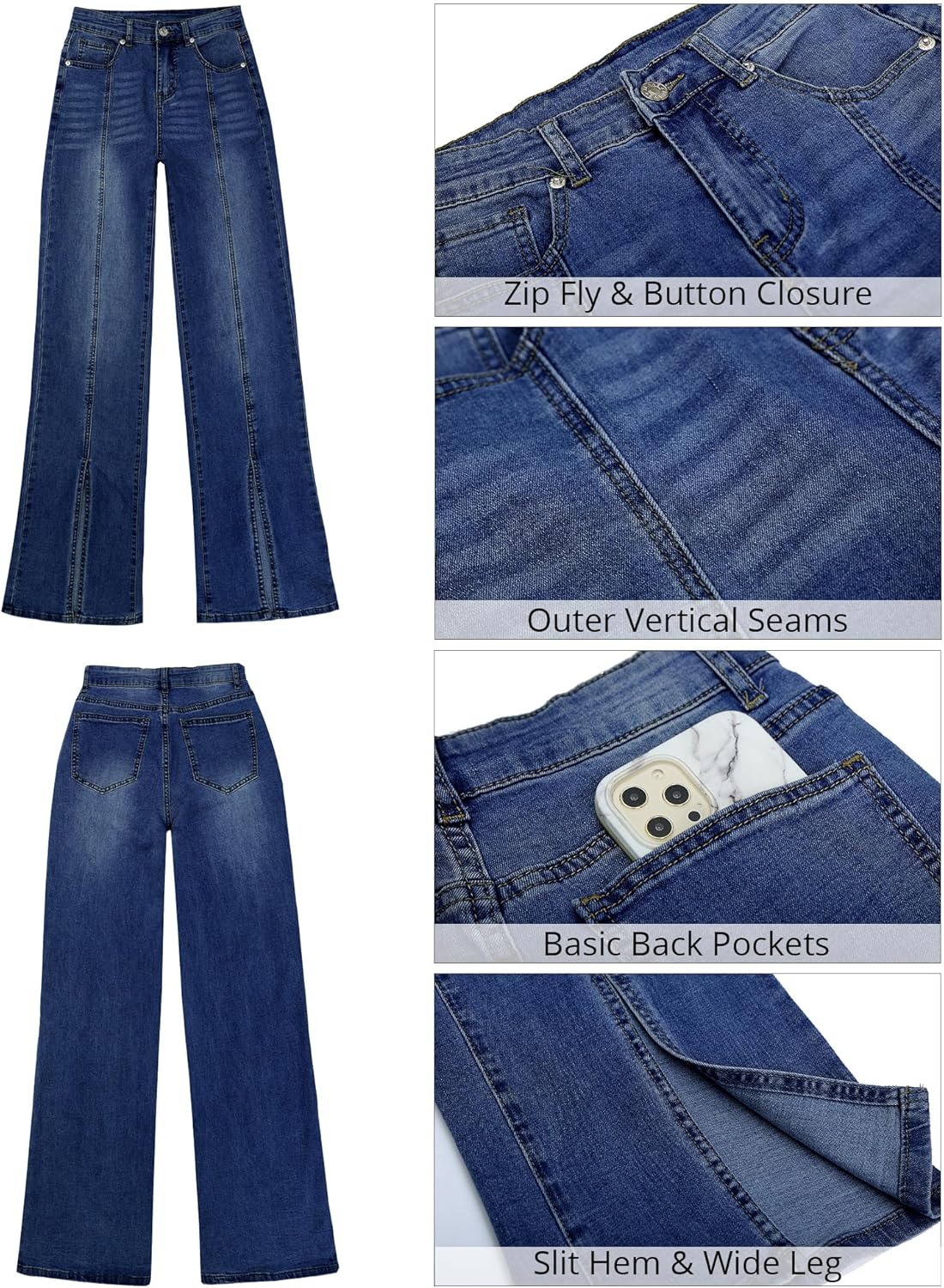 GRAPENT Womens Flare Jeans High Waisted Wide Leg Baggy Jean for Women Split Hem Stretch Denim PantsNightfall Blue