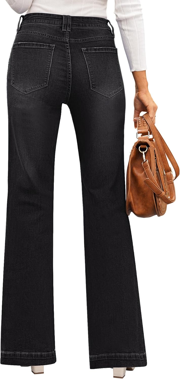 GRAPENT Womens Flare Jeans High Waisted Wide Leg Baggy Jean for Women Stretch Denim PantsAlways Black