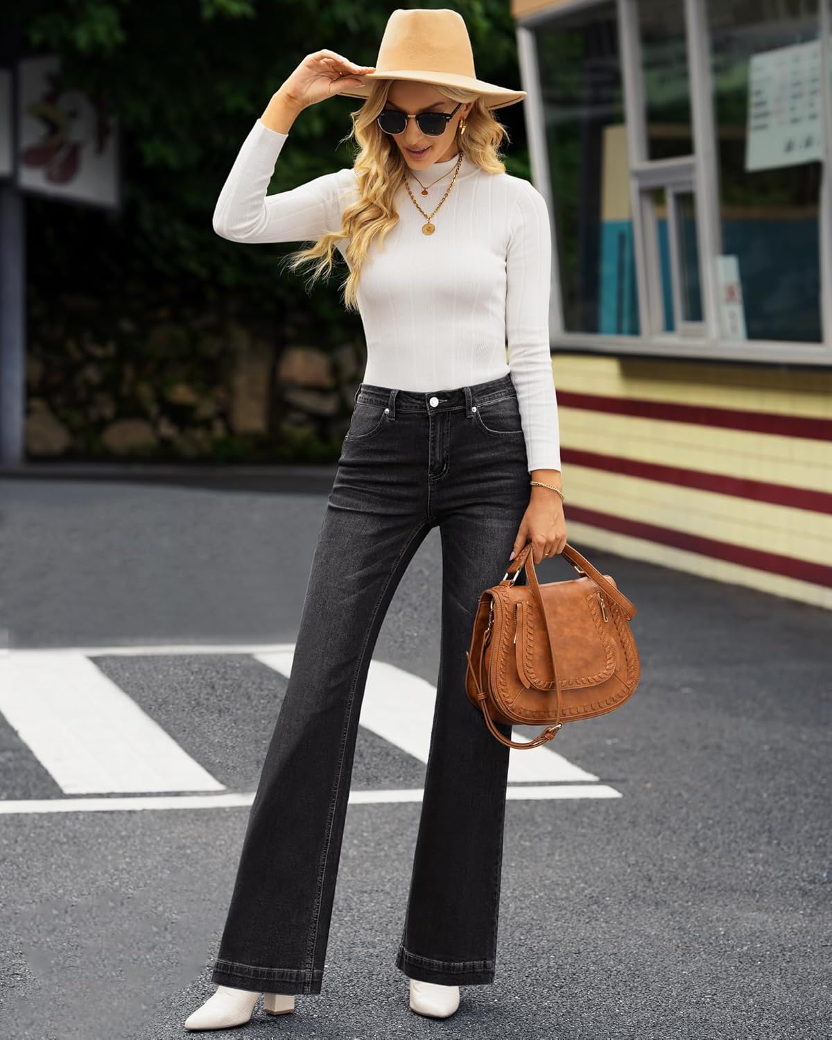 GRAPENT Womens Flare Jeans High Waisted Wide Leg Baggy Jean for Women Stretch Denim PantsAlways Black