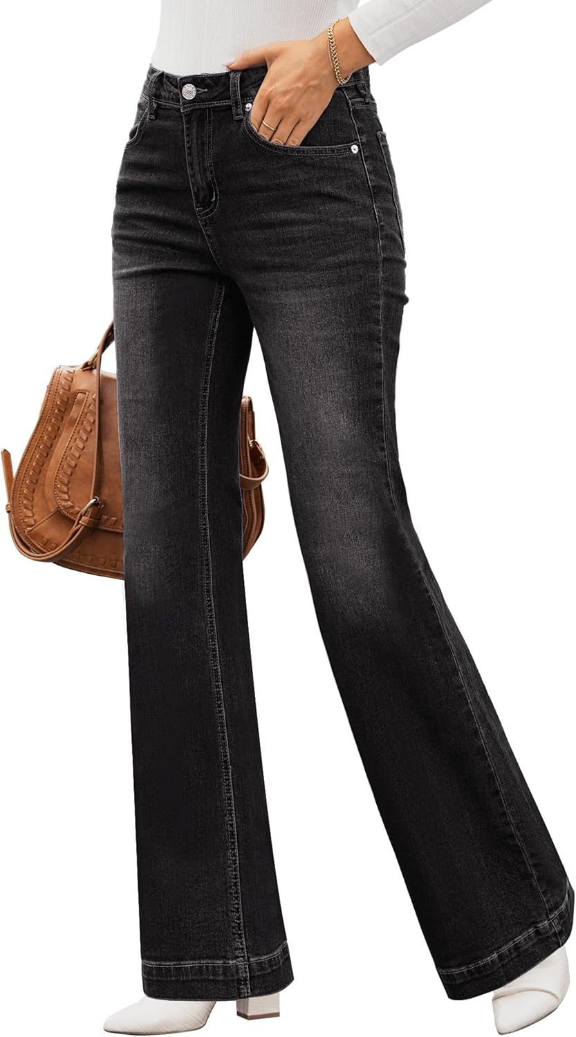 GRAPENT Womens Flare Jeans High Waisted Wide Leg Baggy Jean for Women Stretch Denim PantsAlways Black