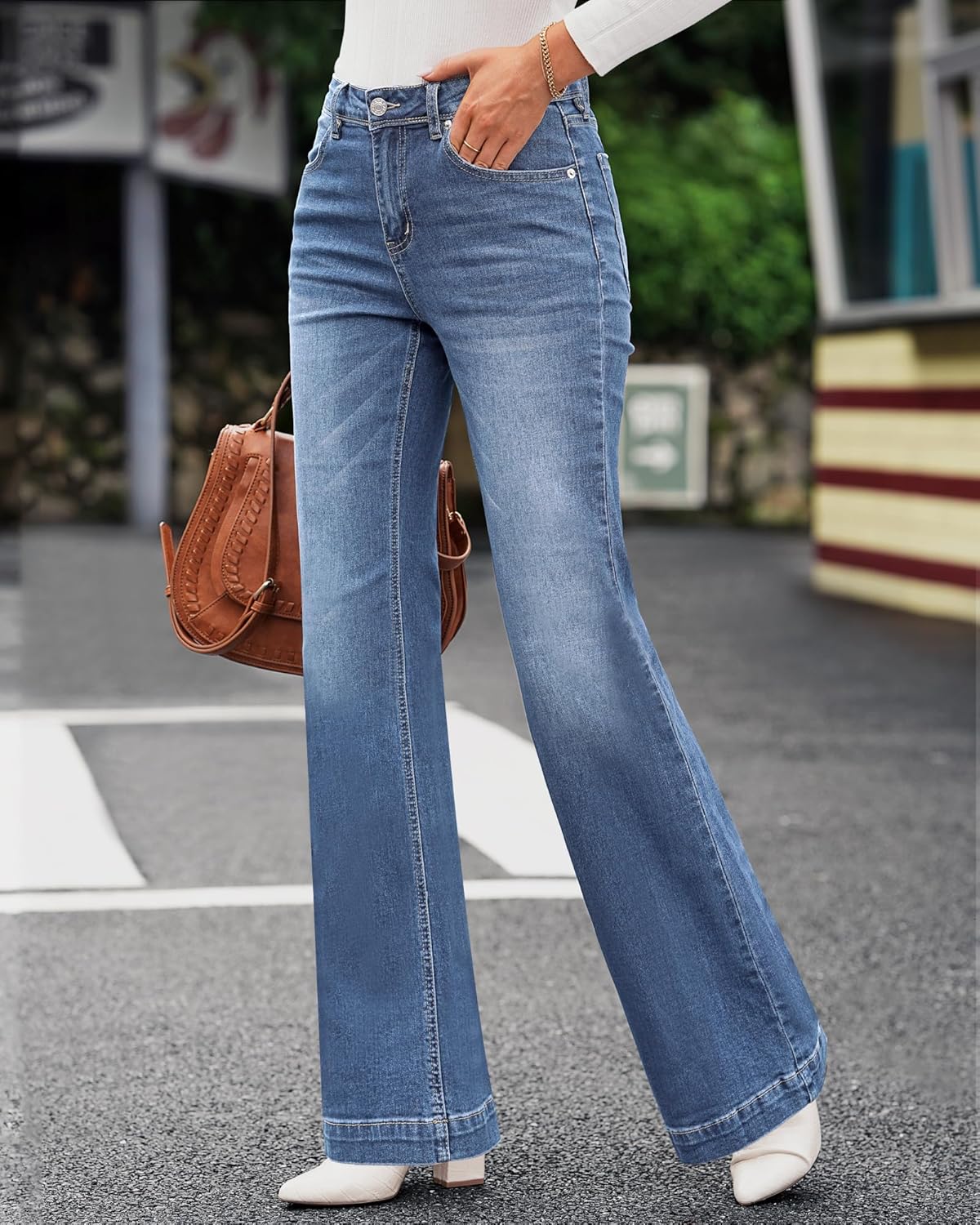 GRAPENT Womens Flare Jeans High Waisted Wide Leg Baggy Jean for Women Stretch Denim PantsBay Blue