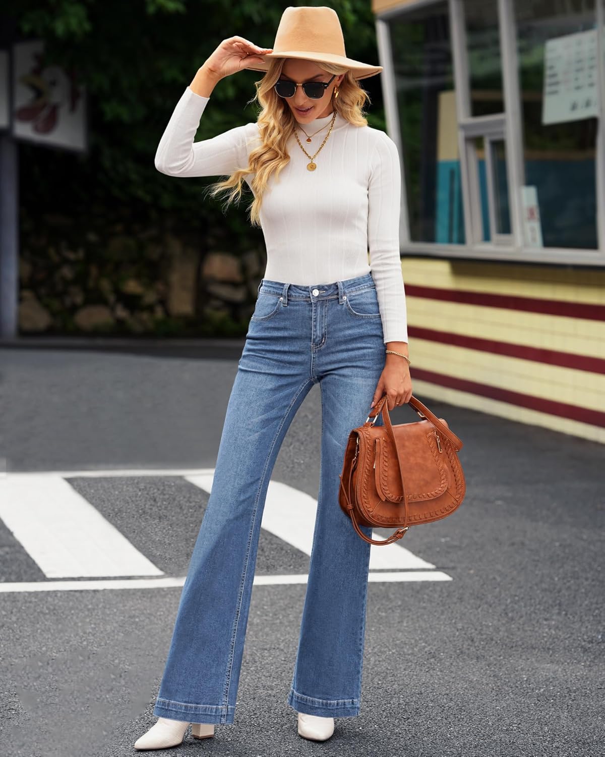 GRAPENT Womens Flare Jeans High Waisted Wide Leg Baggy Jean for Women Stretch Denim PantsBay Blue