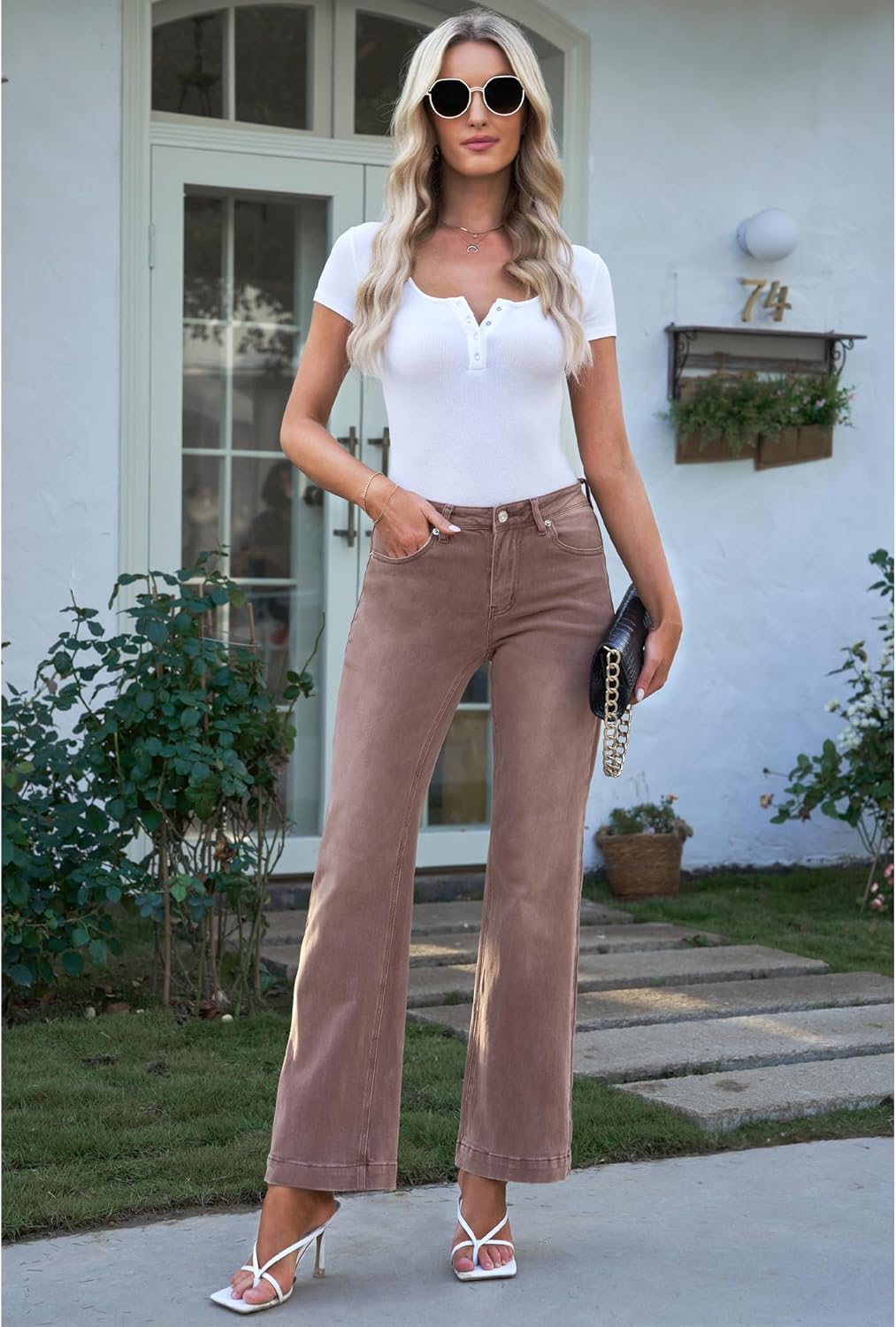 GRAPENT Womens Flare Jeans High Waisted Wide Leg Baggy Jean for Women Stretch Denim PantsBrown  Vintage Wash