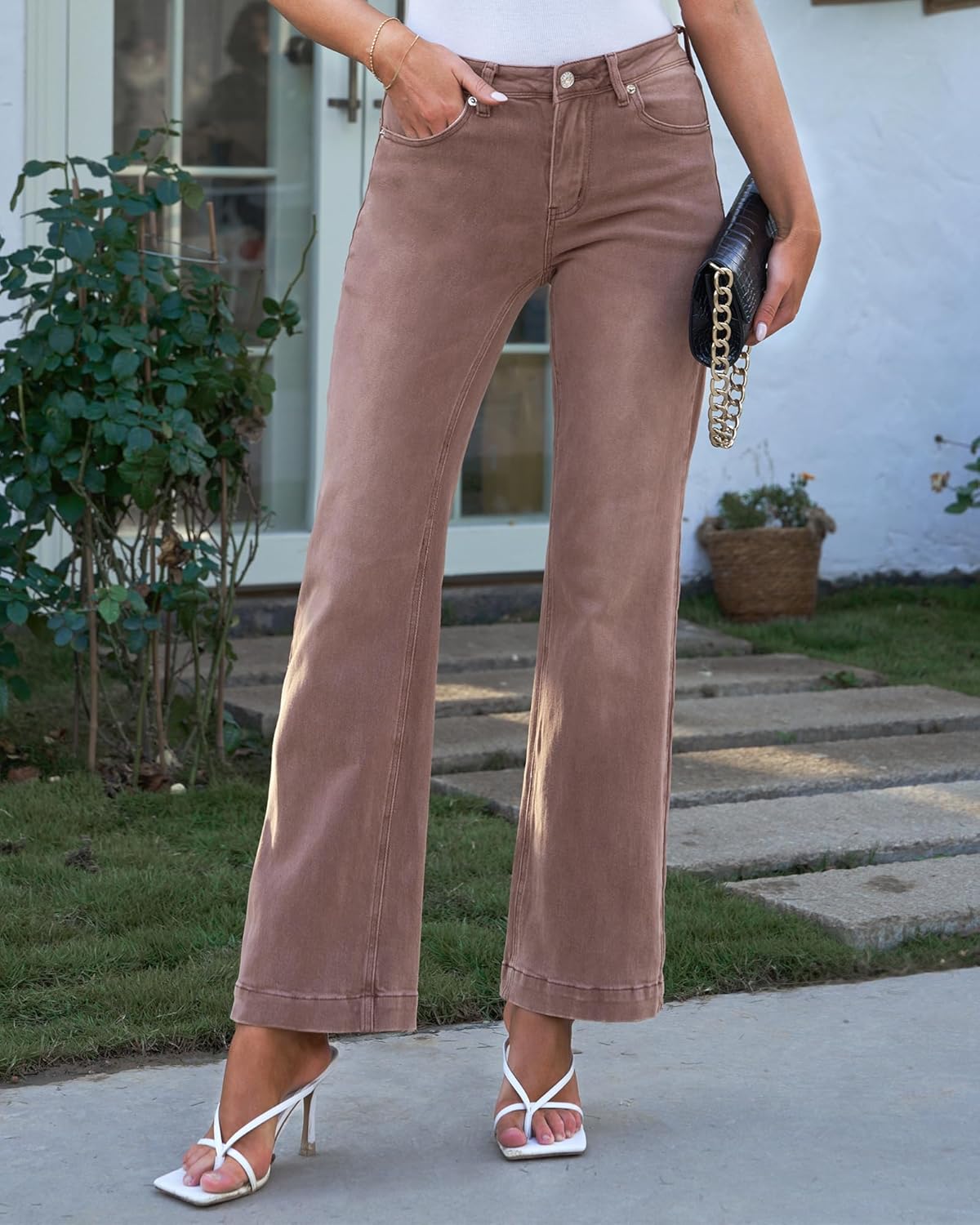 GRAPENT Womens Flare Jeans High Waisted Wide Leg Baggy Jean for Women Stretch Denim PantsBrown  Vintage Wash