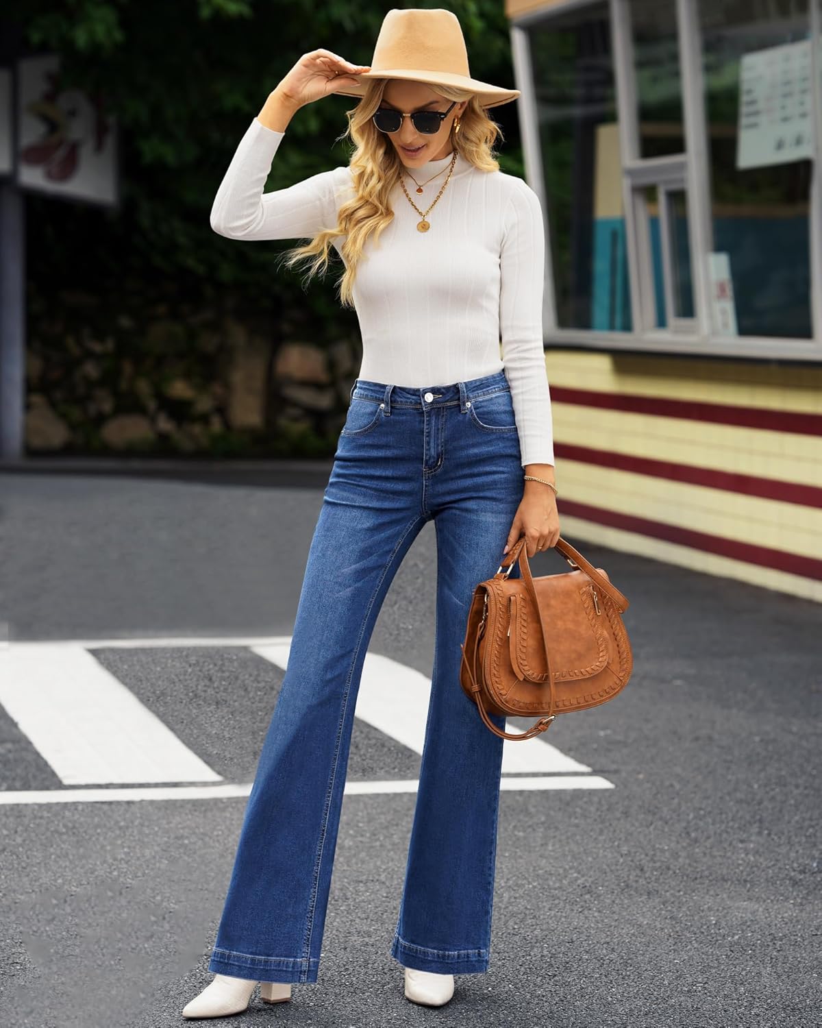 GRAPENT Womens Flare Jeans High Waisted Wide Leg Baggy Jean for Women Stretch Denim PantsClassic Blue