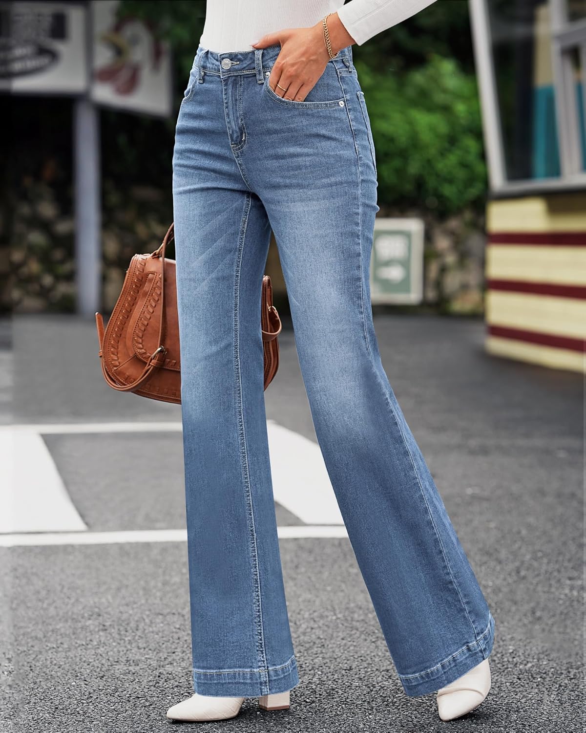 GRAPENT Womens Flare Jeans High Waisted Wide Leg Baggy Jean for Women Stretch Denim PantsCool Classic