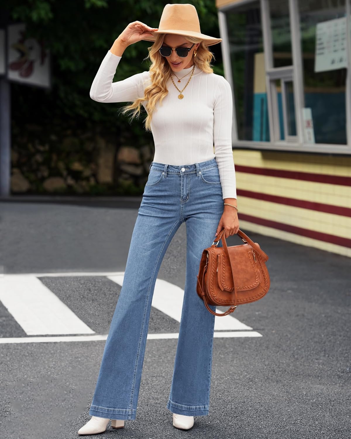 GRAPENT Womens Flare Jeans High Waisted Wide Leg Baggy Jean for Women Stretch Denim PantsCool Classic