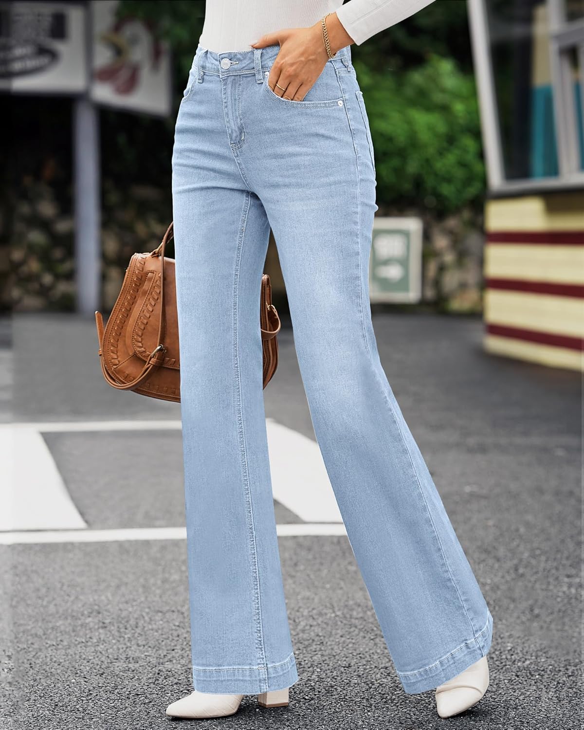 GRAPENT Womens Flare Jeans High Waisted Wide Leg Baggy Jean for Women Stretch Denim PantsIce Blue