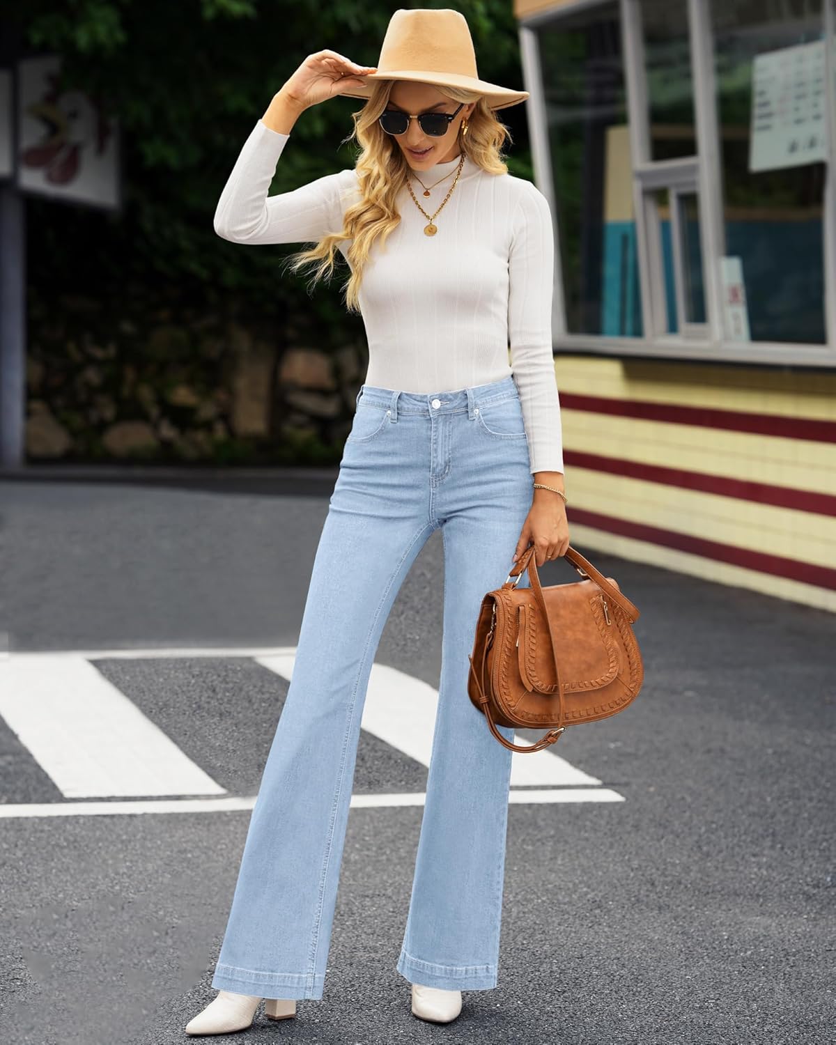 GRAPENT Womens Flare Jeans High Waisted Wide Leg Baggy Jean for Women Stretch Denim PantsIce Blue