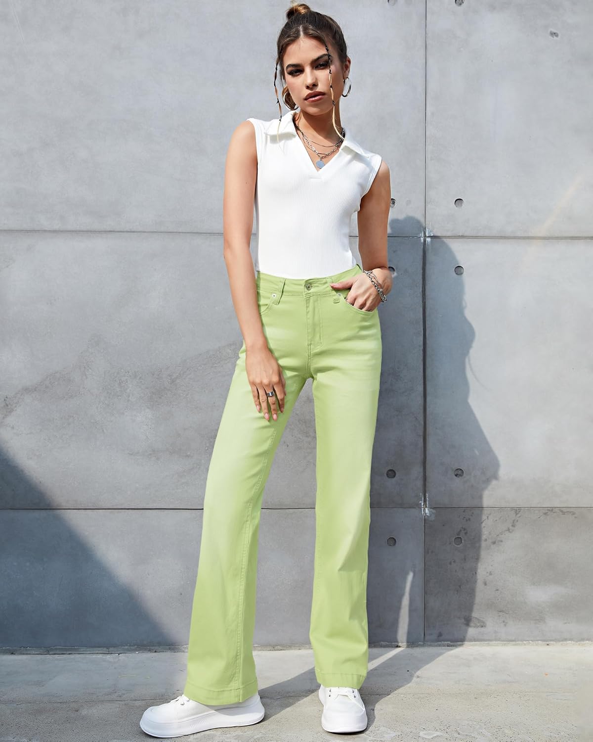 GRAPENT Womens Flare Jeans High Waisted Wide Leg Baggy Jean for Women Stretch Denim PantsLettuce Green