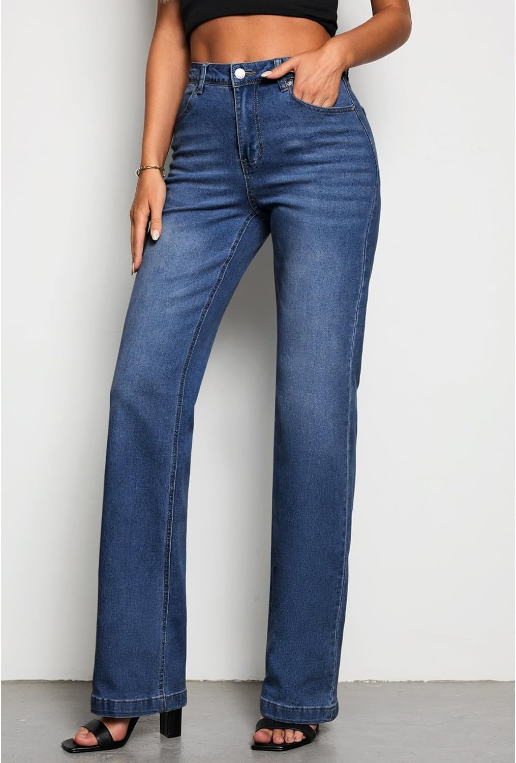 GRAPENT Womens Flare Jeans High Waisted Wide Leg Baggy Jean for Women Stretch Denim PantsLong Dark Blue