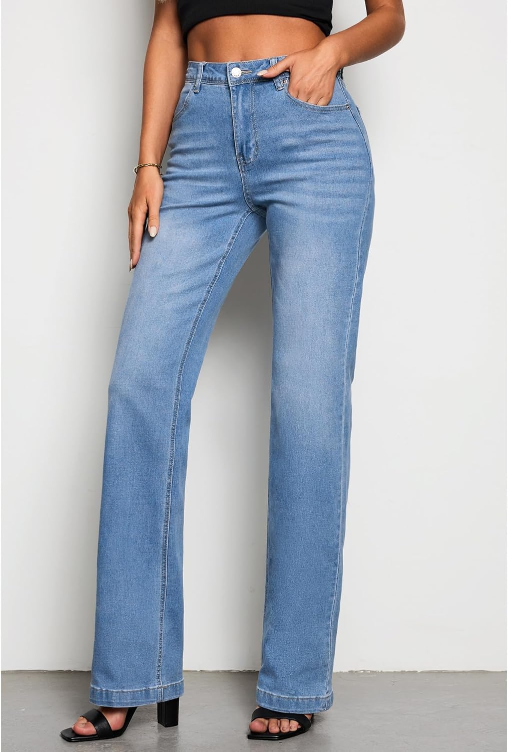 GRAPENT Womens Flare Jeans High Waisted Wide Leg Baggy Jean for Women Stretch Denim PantsLong Indigo Medium Blue
