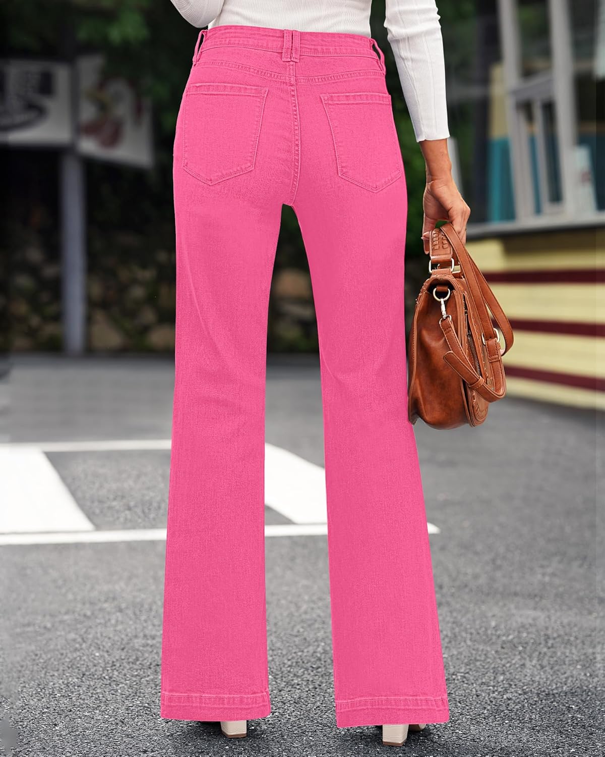 GRAPENT Womens Flare Jeans High Waisted Wide Leg Baggy Jean for Women Stretch Denim PantsMagenta Pink