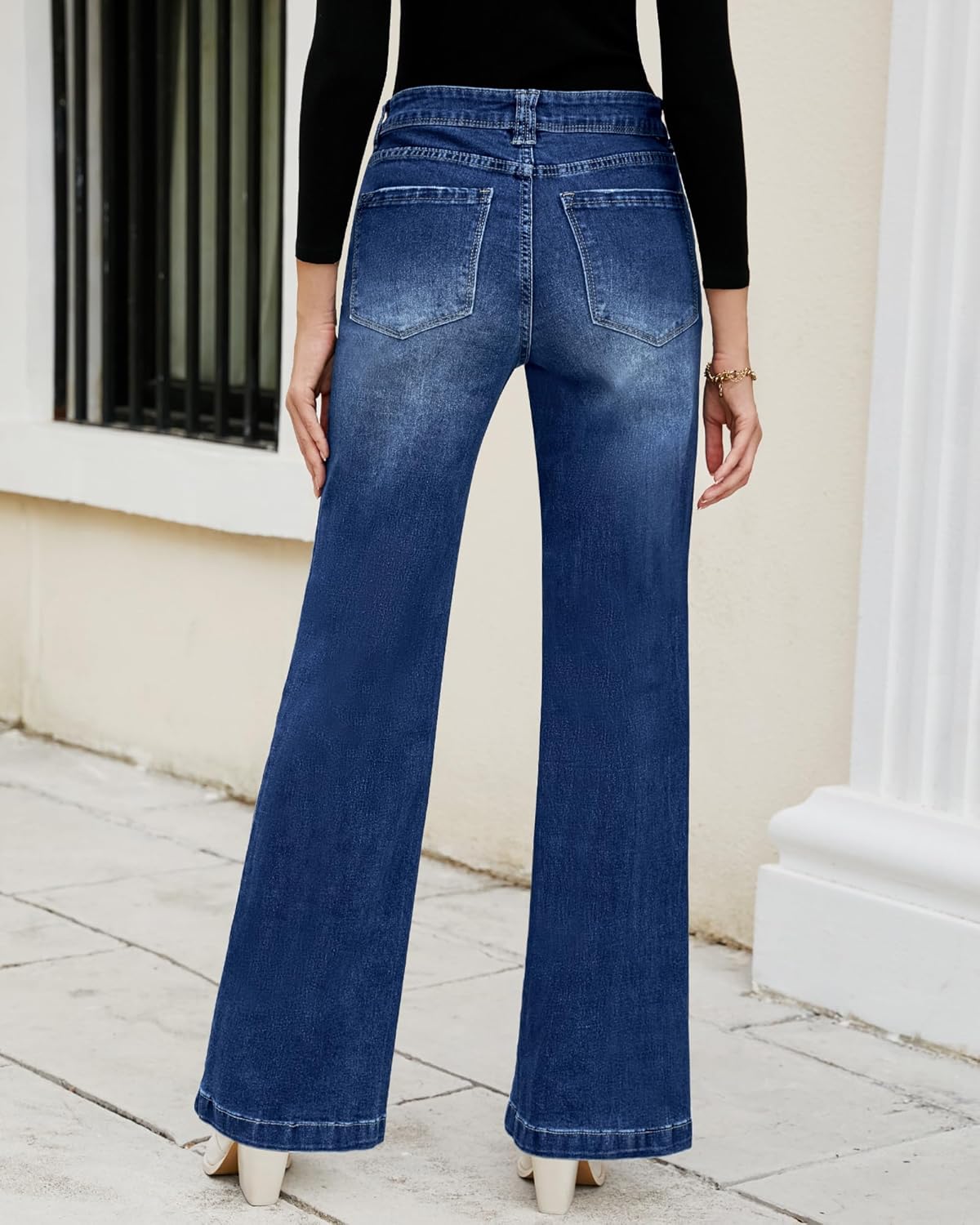 GRAPENT Womens Flare Jeans High Waisted Wide Leg Baggy Jean for Women Stretch Denim PantsNightfall Dark Wash