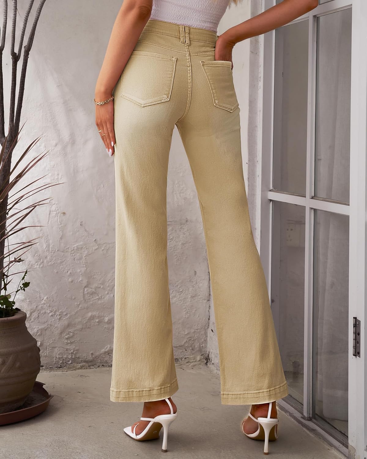 GRAPENT Womens Flare Jeans High Waisted Wide Leg Baggy Jean for Women Stretch Denim PantsPale Khaki