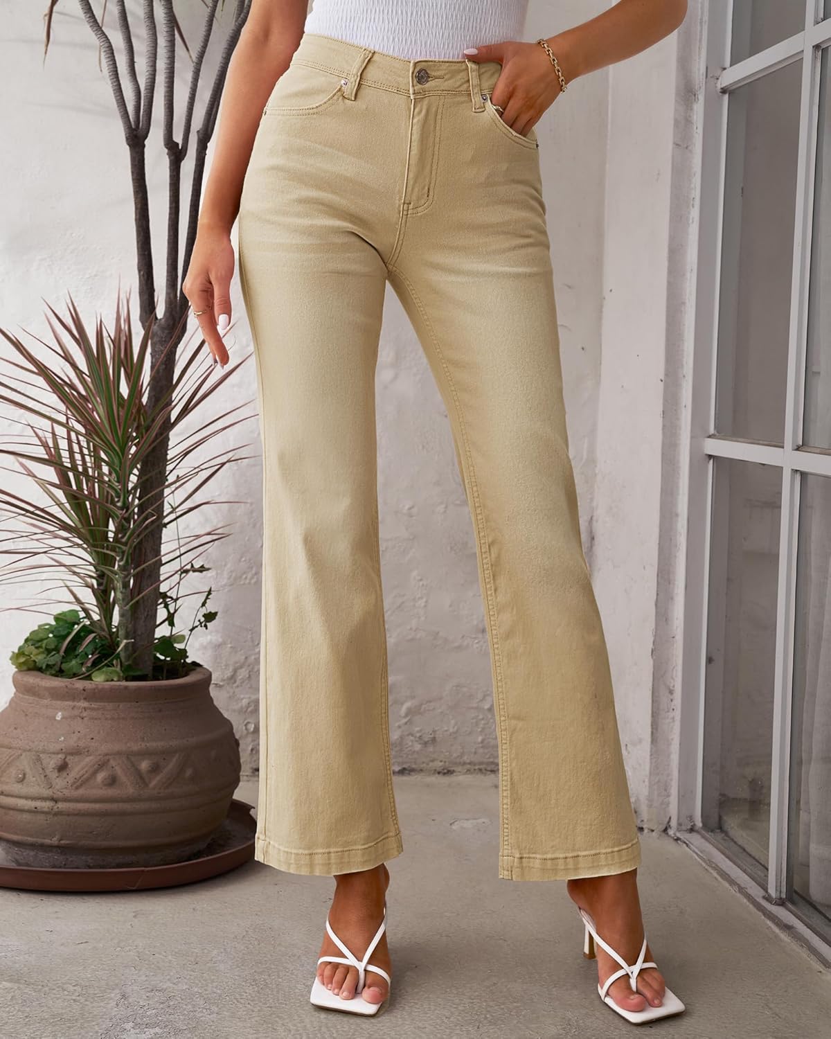 GRAPENT Womens Flare Jeans High Waisted Wide Leg Baggy Jean for Women Stretch Denim PantsPale Khaki