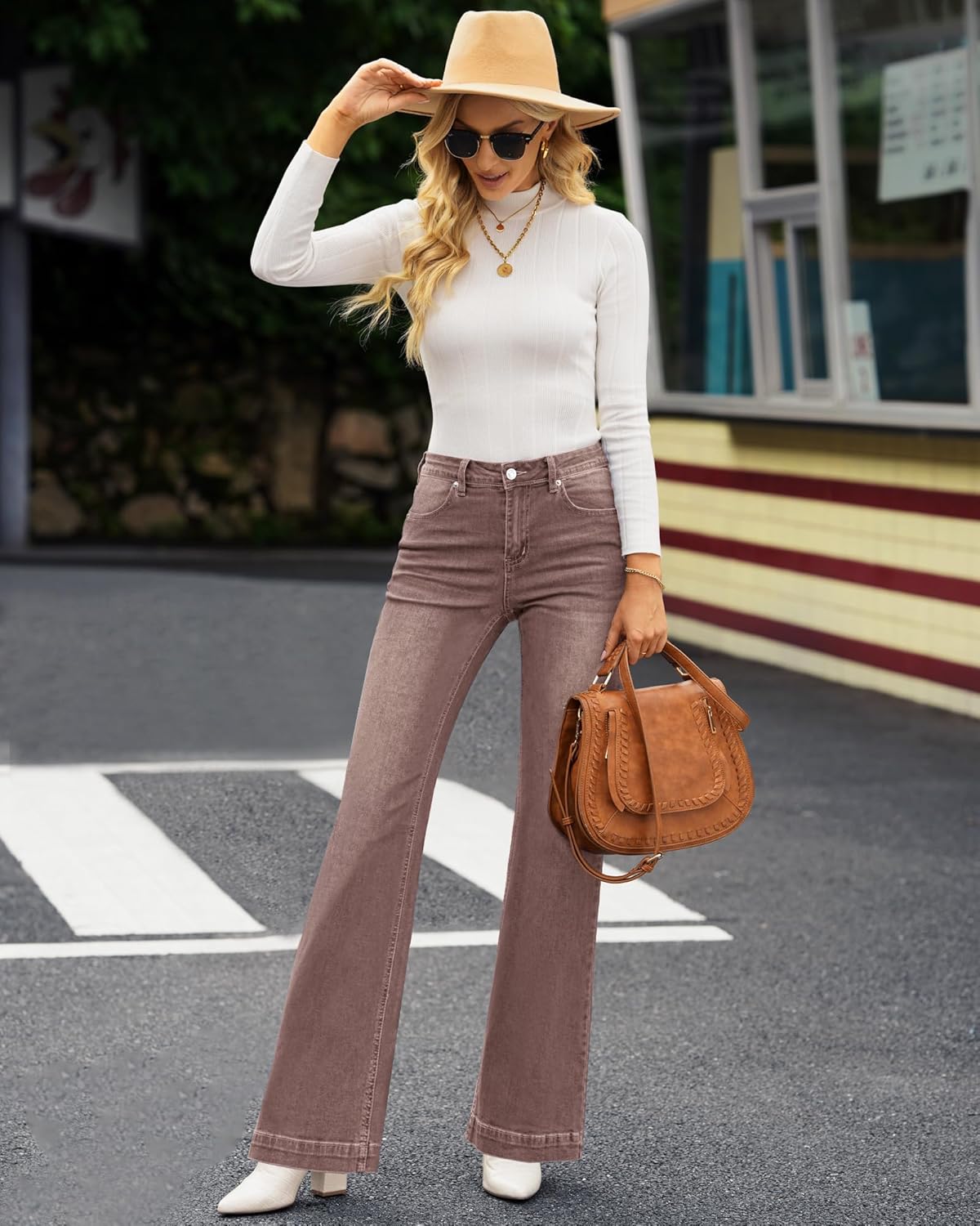 GRAPENT Womens Flare Jeans High Waisted Wide Leg Baggy Jean for Women Stretch Denim PantsPecan Brown