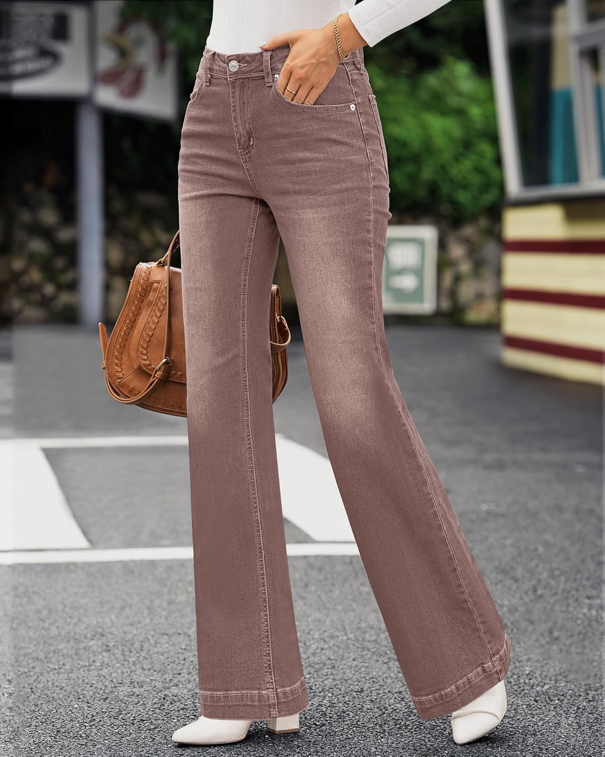 GRAPENT Womens Flare Jeans High Waisted Wide Leg Baggy Jean for Women Stretch Denim PantsPecan Brown