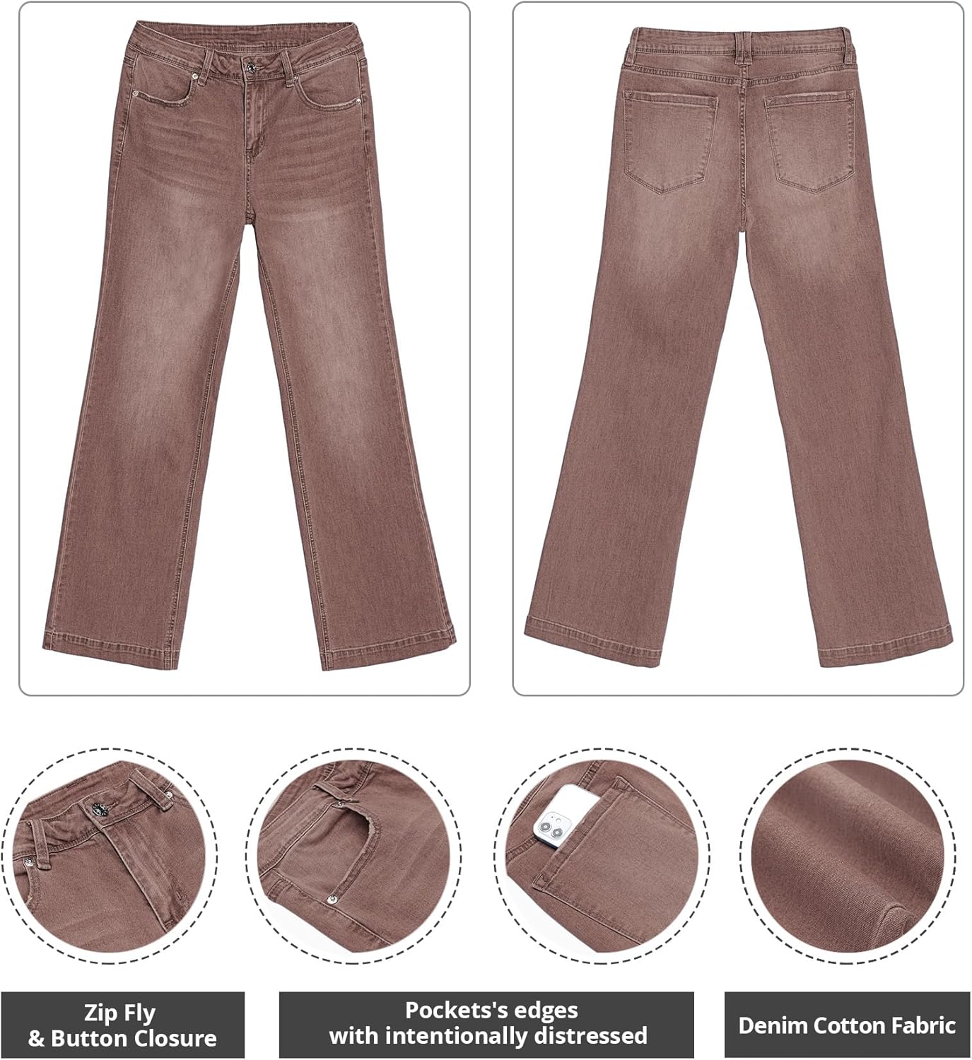 GRAPENT Womens Flare Jeans High Waisted Wide Leg Baggy Jean for Women Stretch Denim PantsPecan Brown