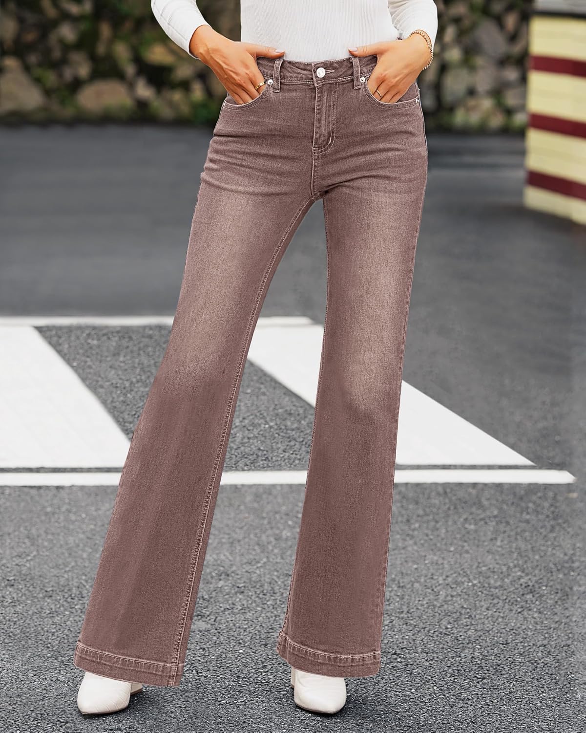 GRAPENT Womens Flare Jeans High Waisted Wide Leg Baggy Jean for Women Stretch Denim PantsPecan Brown