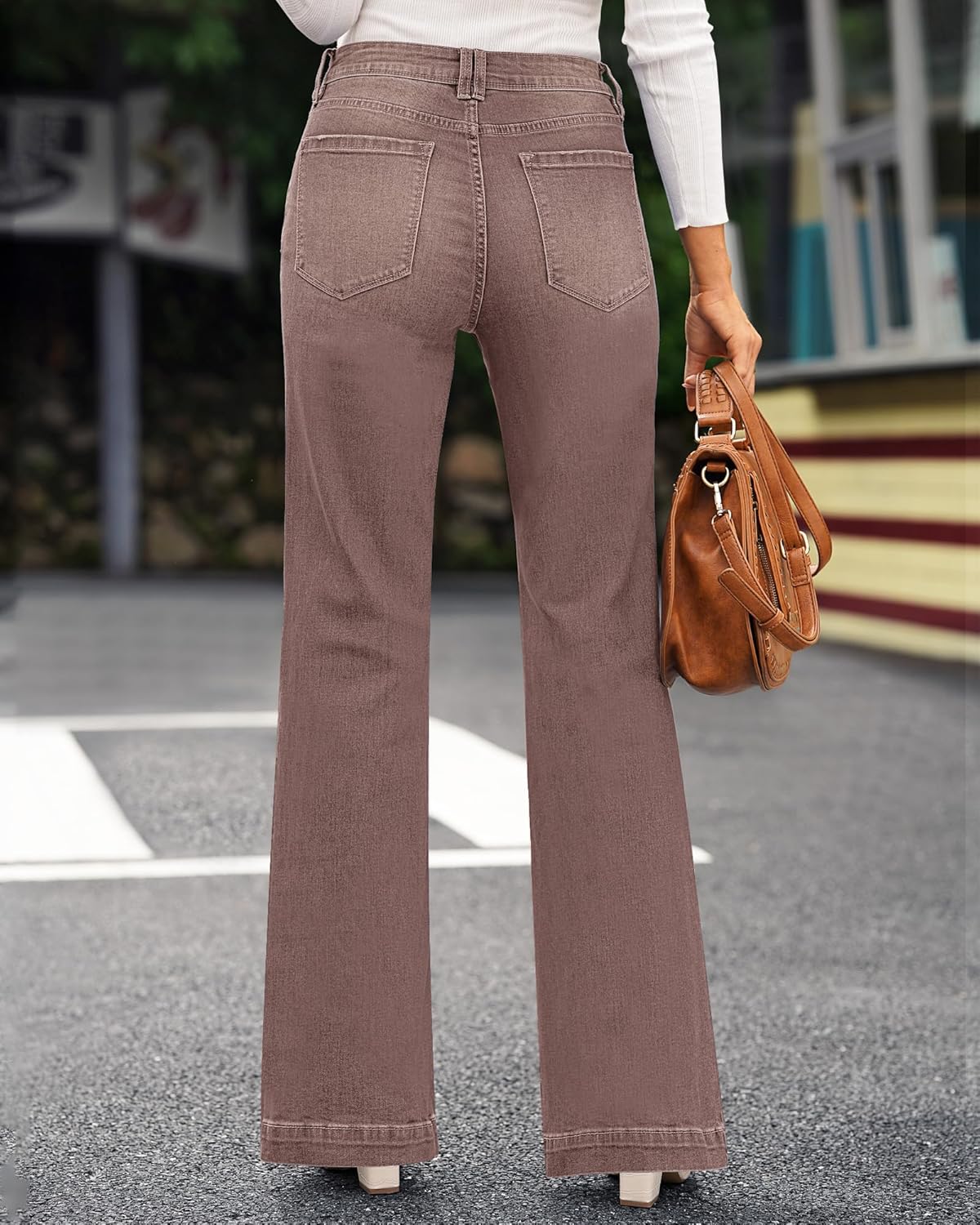 GRAPENT Womens Flare Jeans High Waisted Wide Leg Baggy Jean for Women Stretch Denim PantsPecan Brown