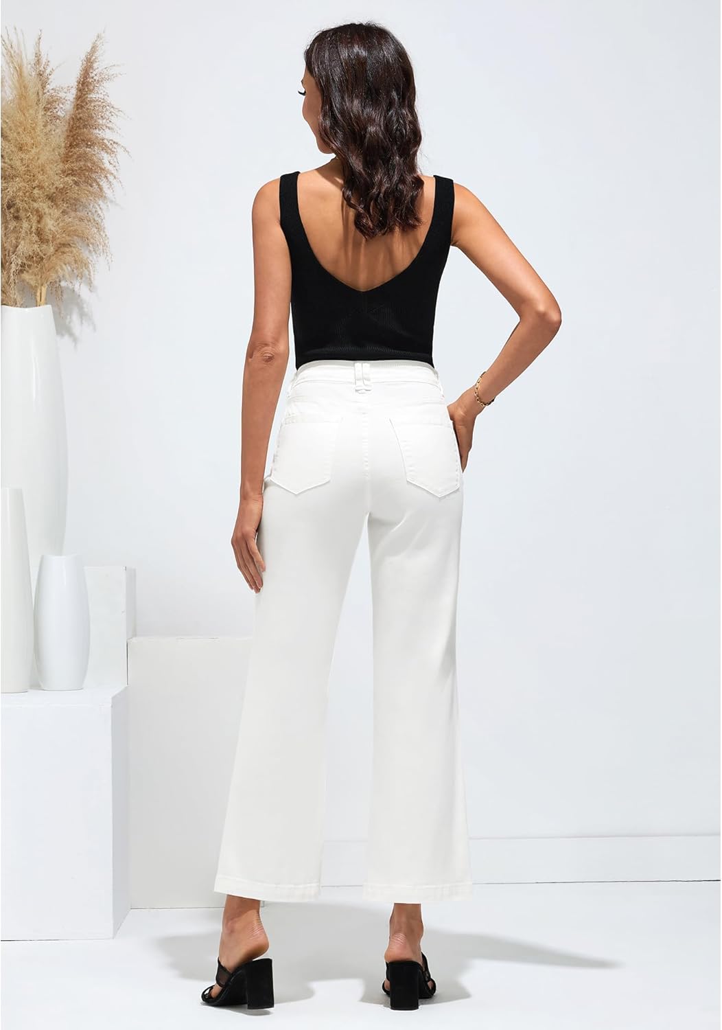 GRAPENT Womens Flare Jeans High Waisted Wide Leg Baggy Jean for Women Stretch Denim PantsPetite Cream White