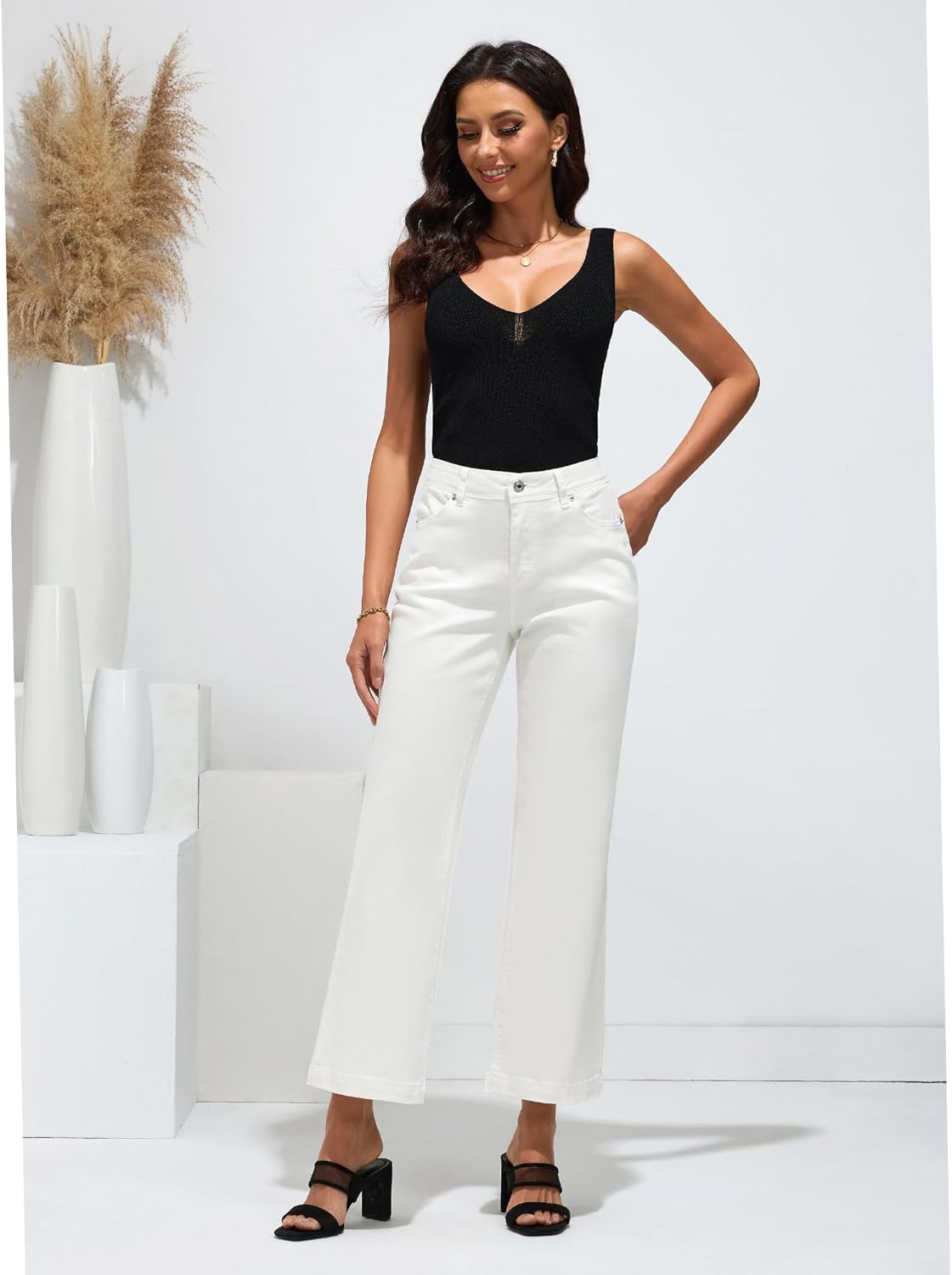 GRAPENT Womens Flare Jeans High Waisted Wide Leg Baggy Jean for Women Stretch Denim PantsPetite Cream White