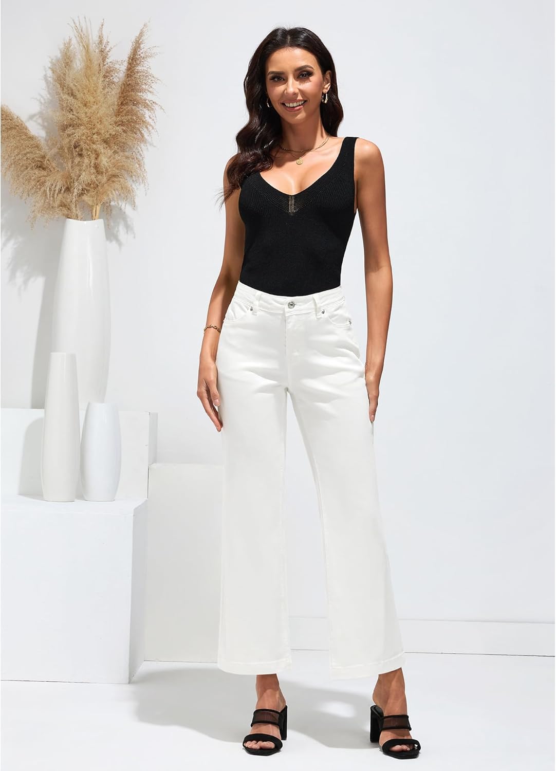 GRAPENT Womens Flare Jeans High Waisted Wide Leg Baggy Jean for Women Stretch Denim PantsPetite Cream White