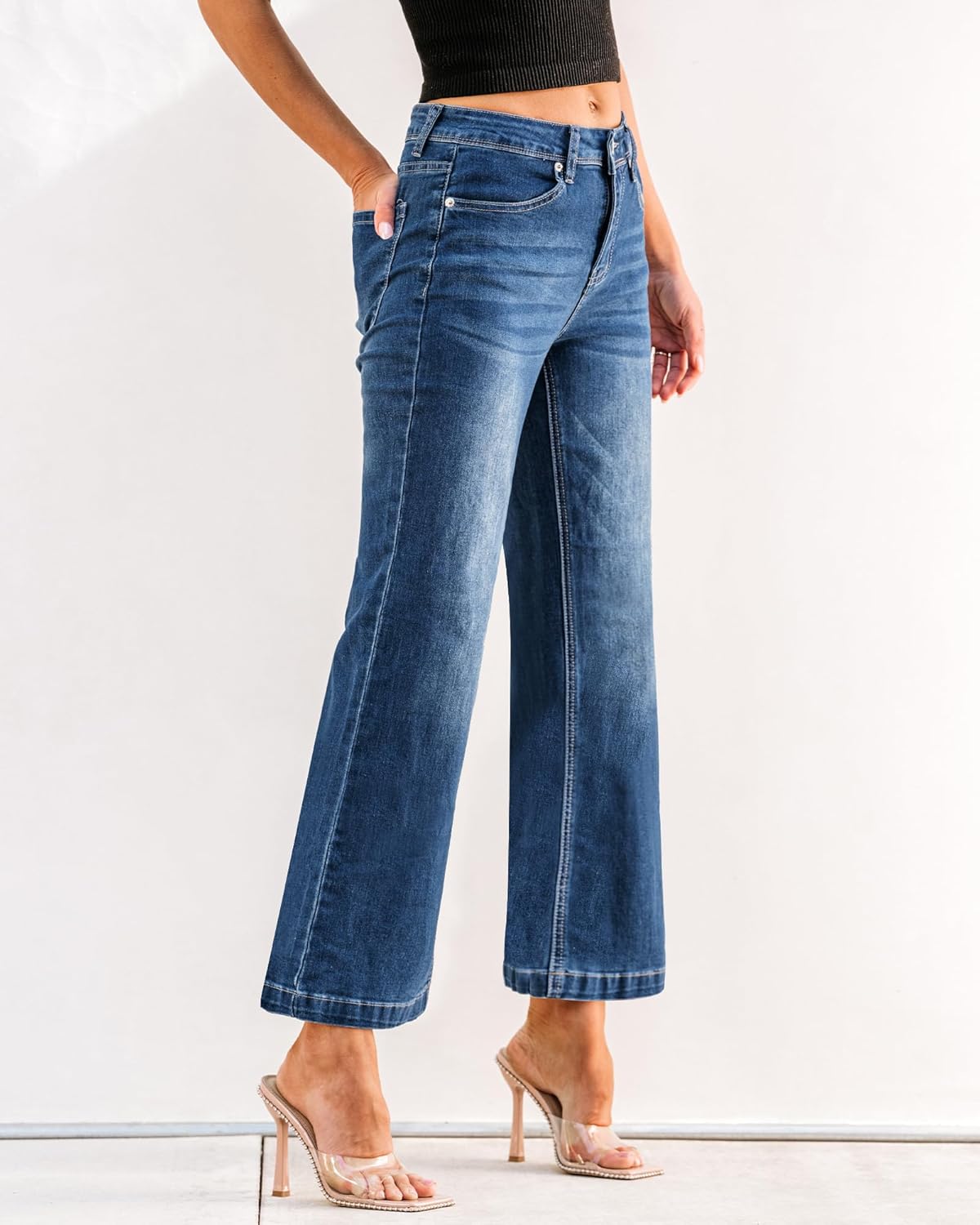 GRAPENT Womens Flare Jeans High Waisted Wide Leg Baggy Jean for Women Stretch Denim PantsPetite Dark Blue