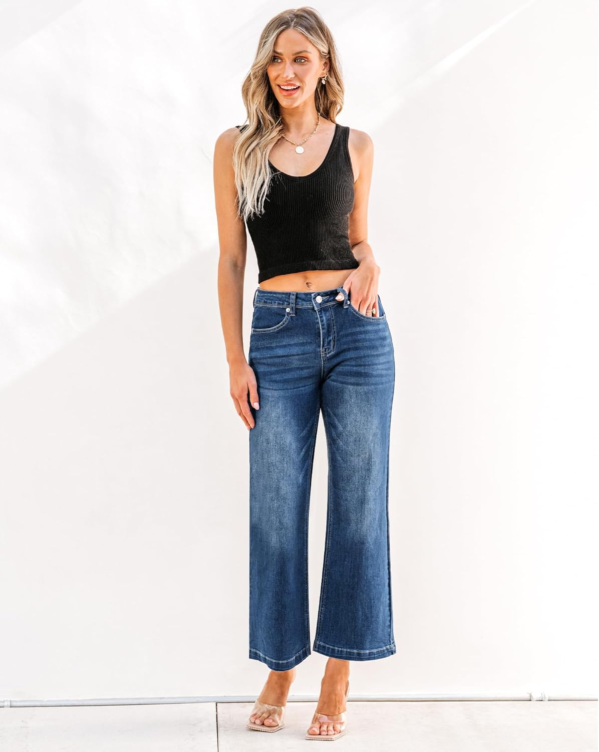 GRAPENT Womens Flare Jeans High Waisted Wide Leg Baggy Jean for Women Stretch Denim PantsPetite Dark Blue