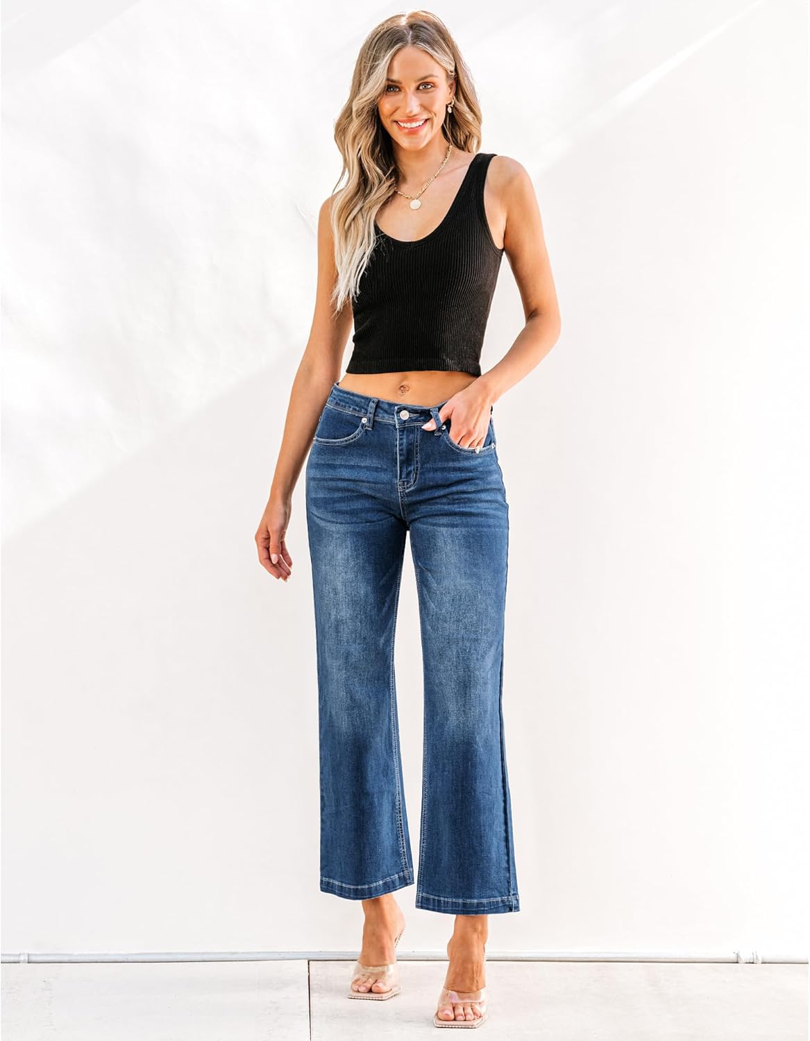 GRAPENT Womens Flare Jeans High Waisted Wide Leg Baggy Jean for Women Stretch Denim PantsPetite Dark Blue