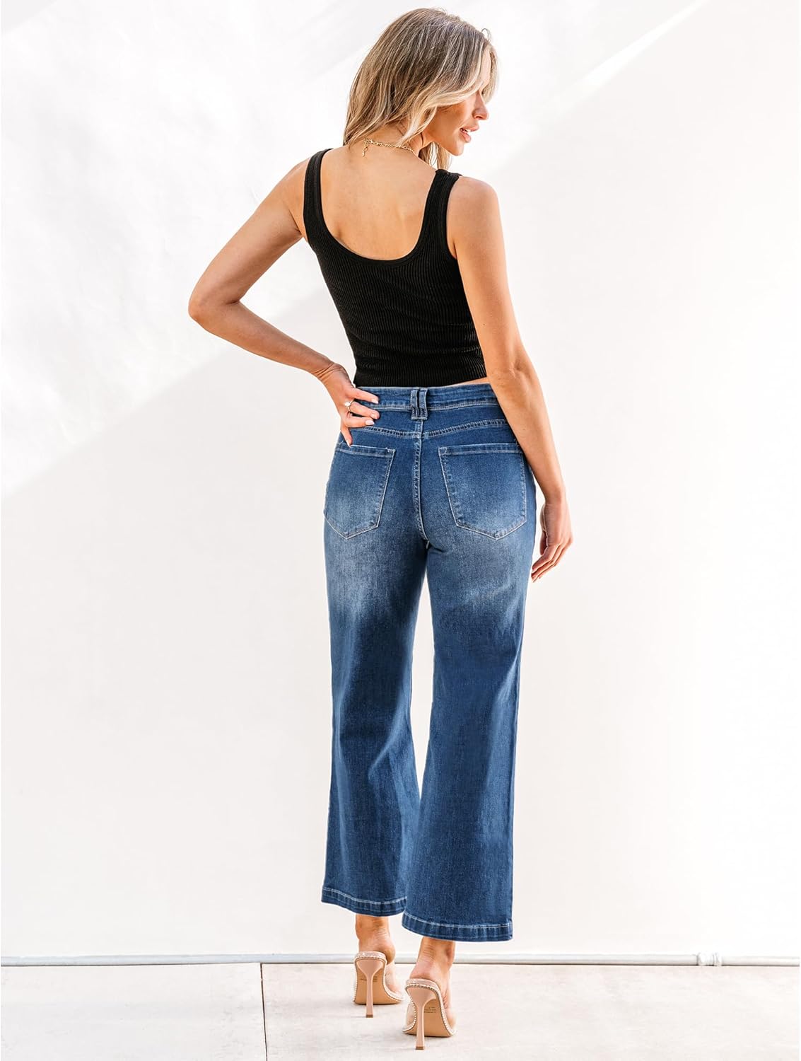 GRAPENT Womens Flare Jeans High Waisted Wide Leg Baggy Jean for Women Stretch Denim PantsPetite Dark Blue