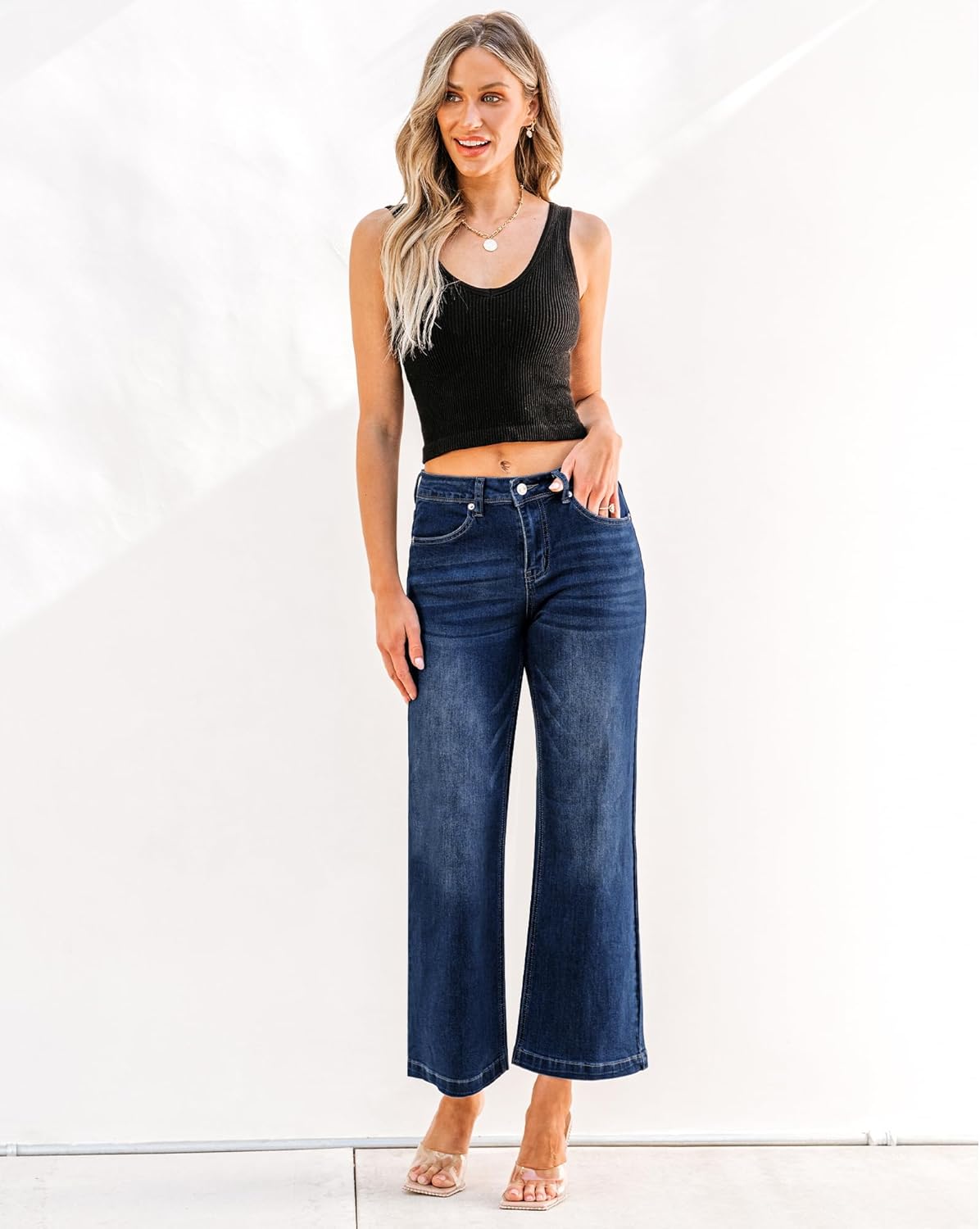 GRAPENT Womens Flare Jeans High Waisted Wide Leg Baggy Jean for Women Stretch Denim PantsPetite Indigo Skyblue