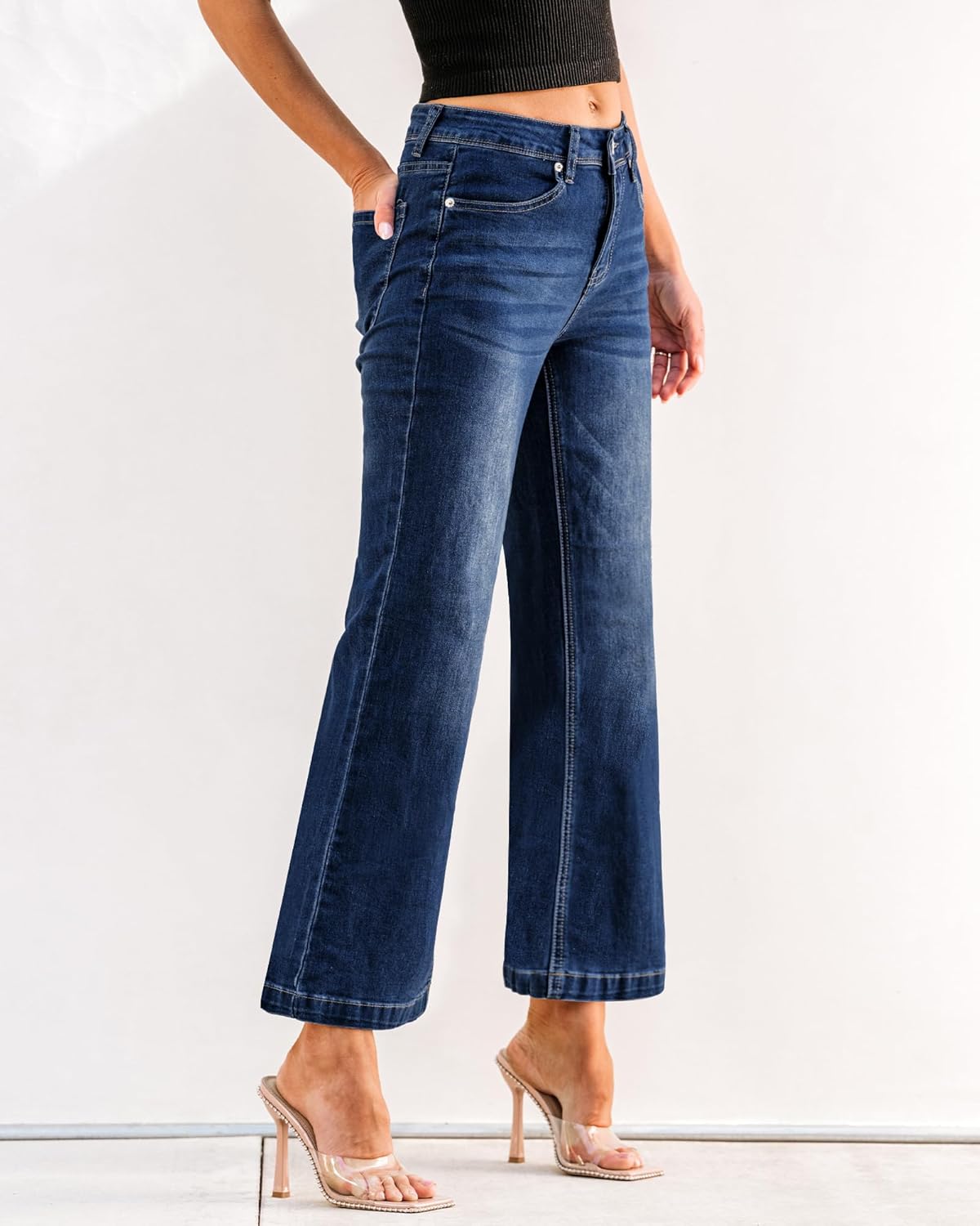 GRAPENT Womens Flare Jeans High Waisted Wide Leg Baggy Jean for Women Stretch Denim PantsPetite Indigo Skyblue