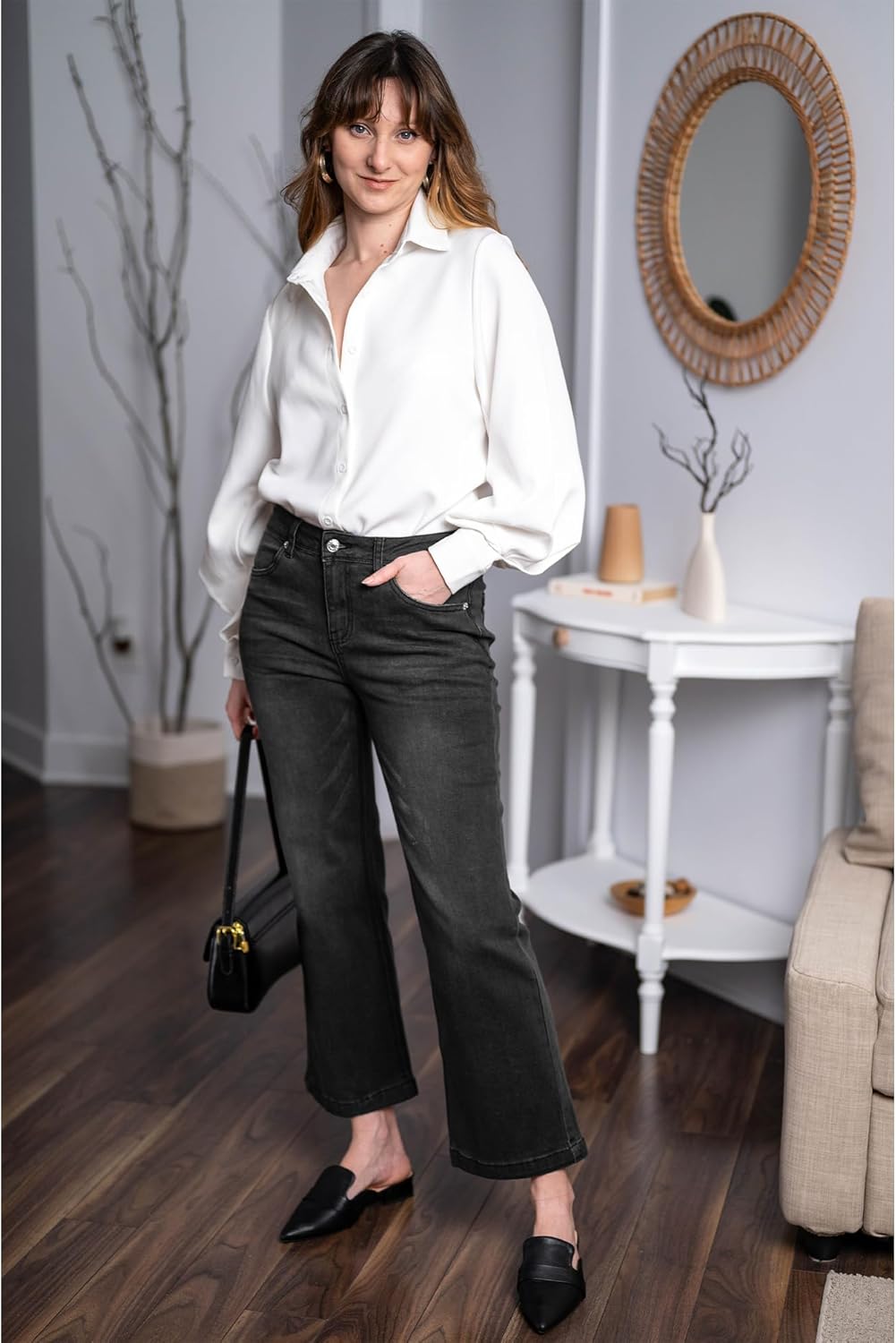 GRAPENT Womens Flare Jeans High Waisted Wide Leg Baggy Jean for Women Stretch Denim PantsPetite Soft Black
