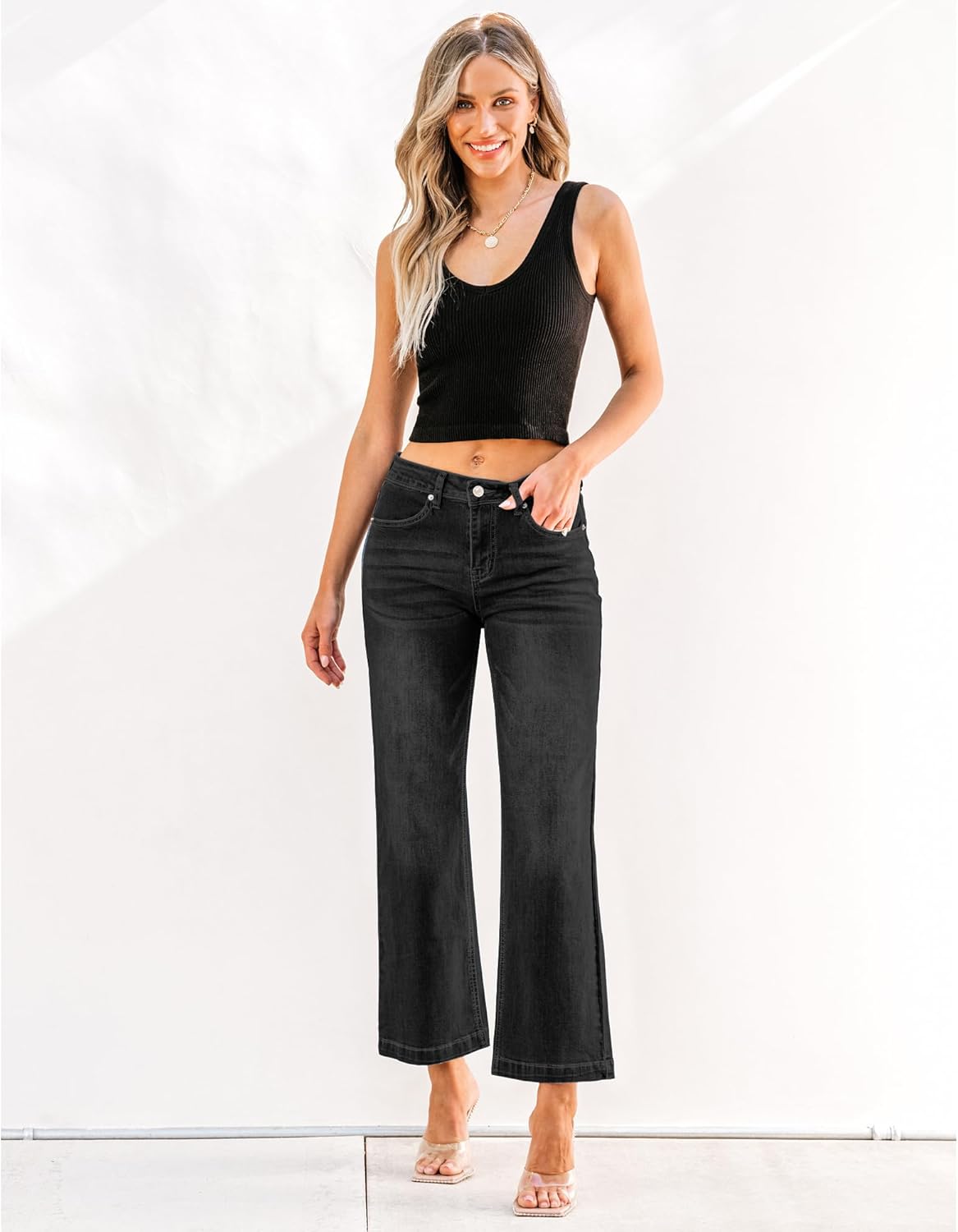 GRAPENT Womens Flare Jeans High Waisted Wide Leg Baggy Jean for Women Stretch Denim PantsPetite Soft Black