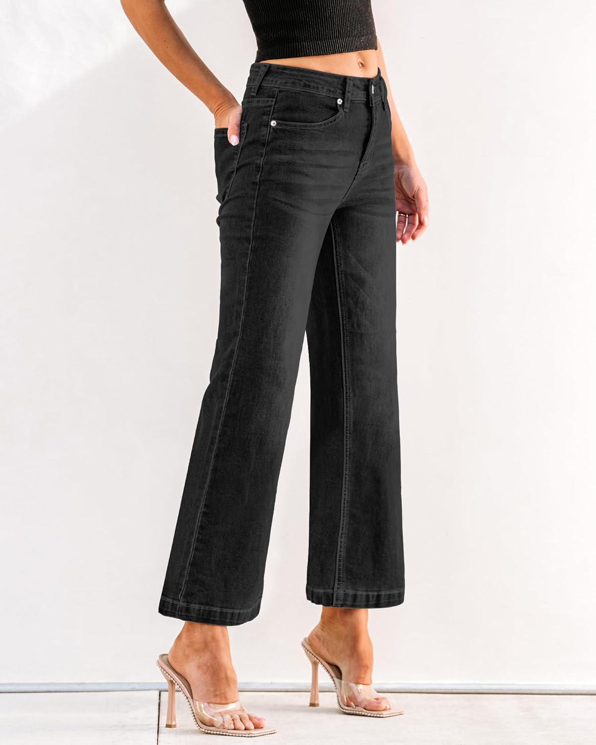 GRAPENT Womens Flare Jeans High Waisted Wide Leg Baggy Jean for Women Stretch Denim PantsPetite Soft Black